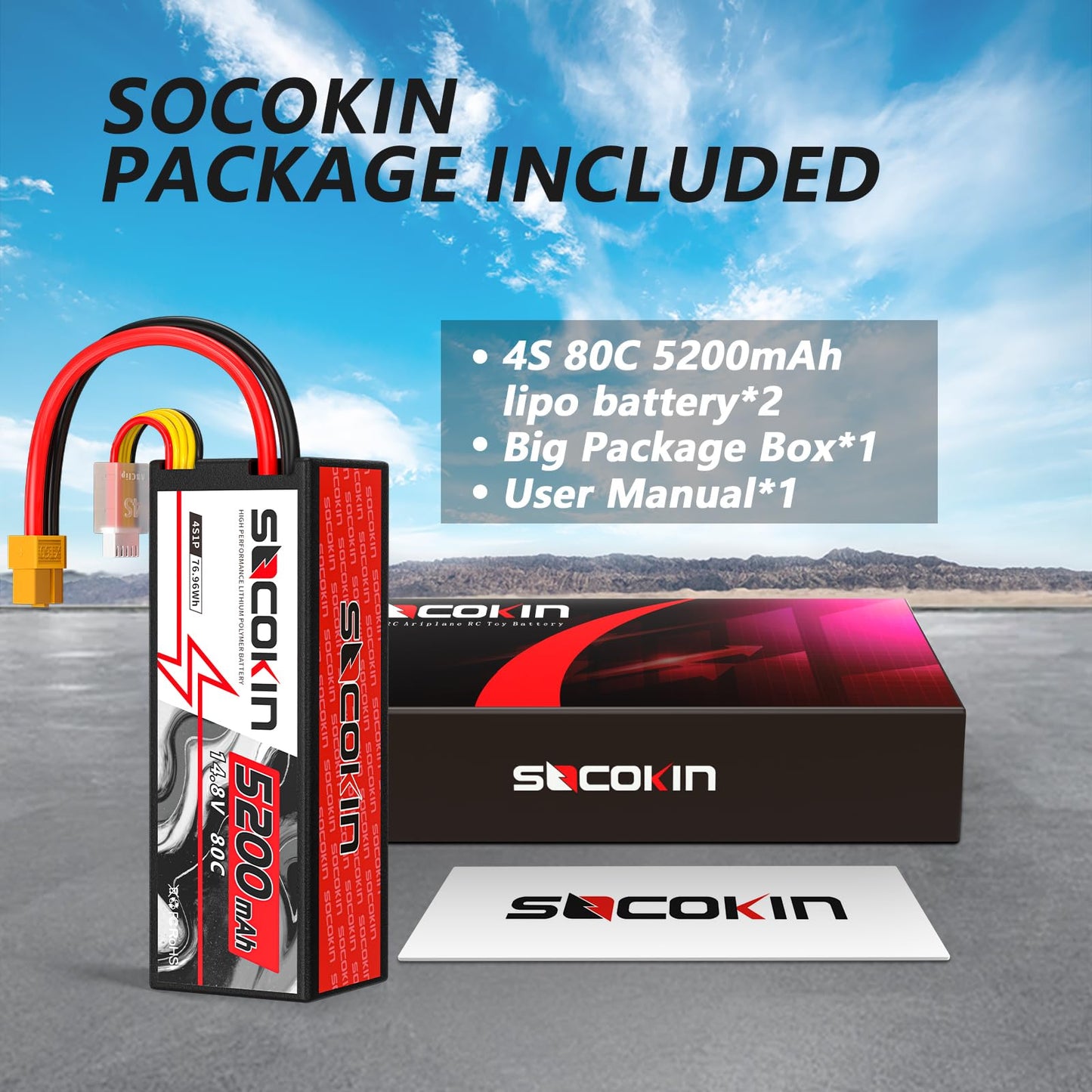 Socokin 14.8V Lipo Battery 4S 5200mAh 80C with Hard Case XT60 Plug for RC Evader BX Car RC Buggy RC Boat Drones Slash 1/10 Scale Racing Truck Racing RC Heli Airplane (2 Pack)