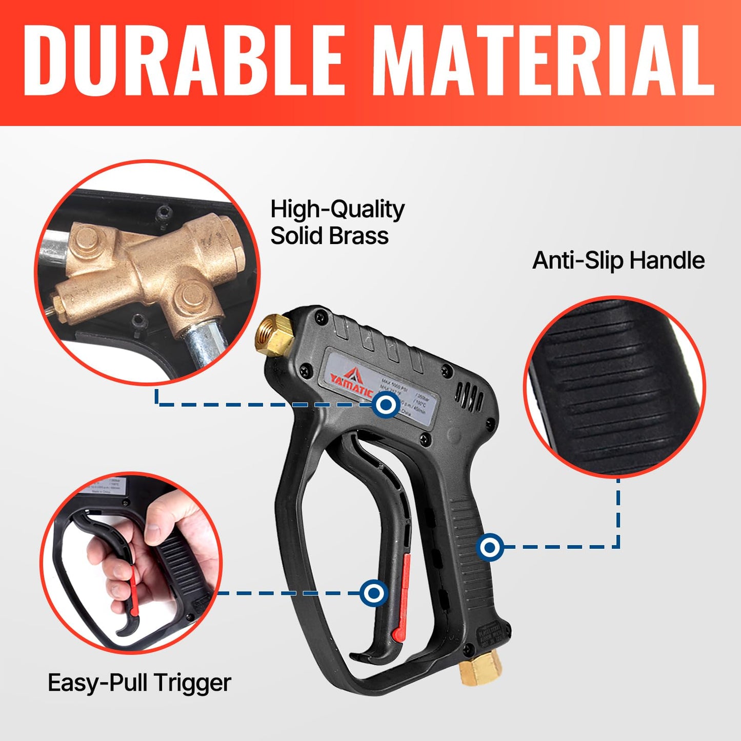 YAMATIC Pressure Washer Short Gun 5000 PSI - 3/8" Swivel Plug & M22-14mm Coupler, Power Washer Stubby Trigger Handle with 1/4" Quick Connect for Foam Cannon Car Wash