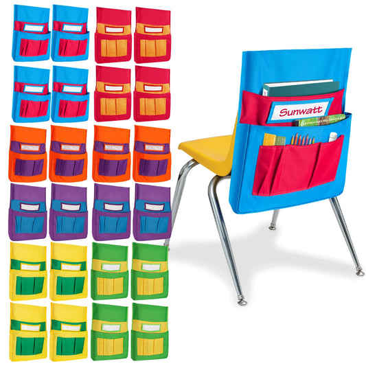 24 PCS Chair Pocket for Classroom, Chair Organizer, Student Chair Back Buddy Pocket Chart, with 6 Storage Pockets and One Name Tag, Seat Storage Sack 15" W x 19" H, 6 Bright Colors