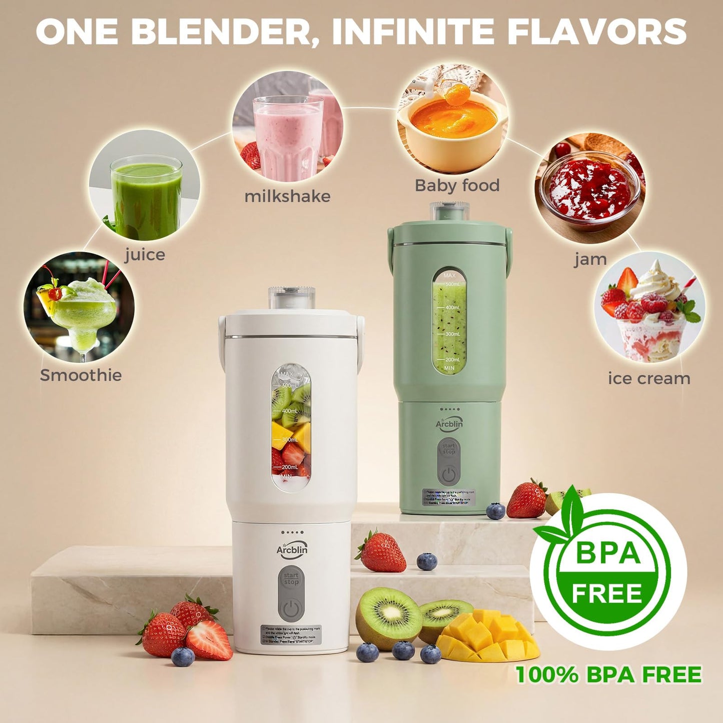 Arcblin Portable Blender for Shakes and Smoothies, 17oz Personal Blender with Detachable To-Go Cup & Carry Handle, USB-C Rechargeable Mini Juicer, Auto-Shutoff, BPA Free, White