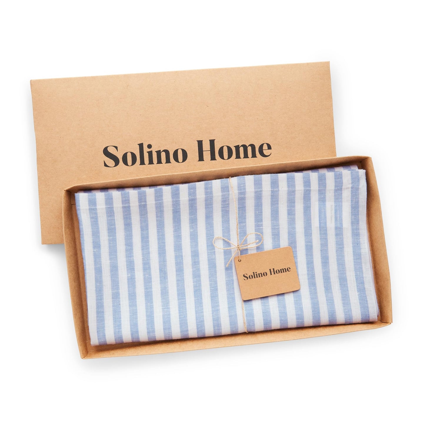 Solino Home Linen Square Tablecloth 52 x 52 Inch - Amalfi Stripe, 100% Pure Linen Sky Blue and White Table Throw - Machine Washable Tablecloth for Summer