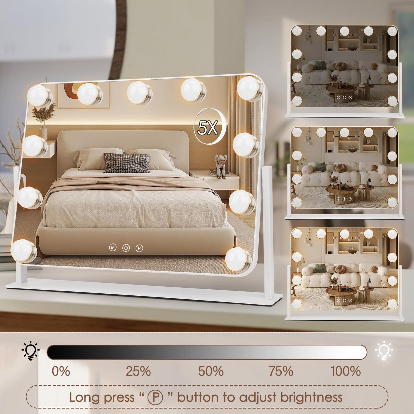 DenCert 360° Vanity Mirror with Lights 11 Led Bulbs Hollywood Lighted Makeup Mirror with 5X Magnification Mirror Hollywood Cosmetic Mirror Tabletop Makeup Mirror with 3 Lighting Modes 16x13 Inch