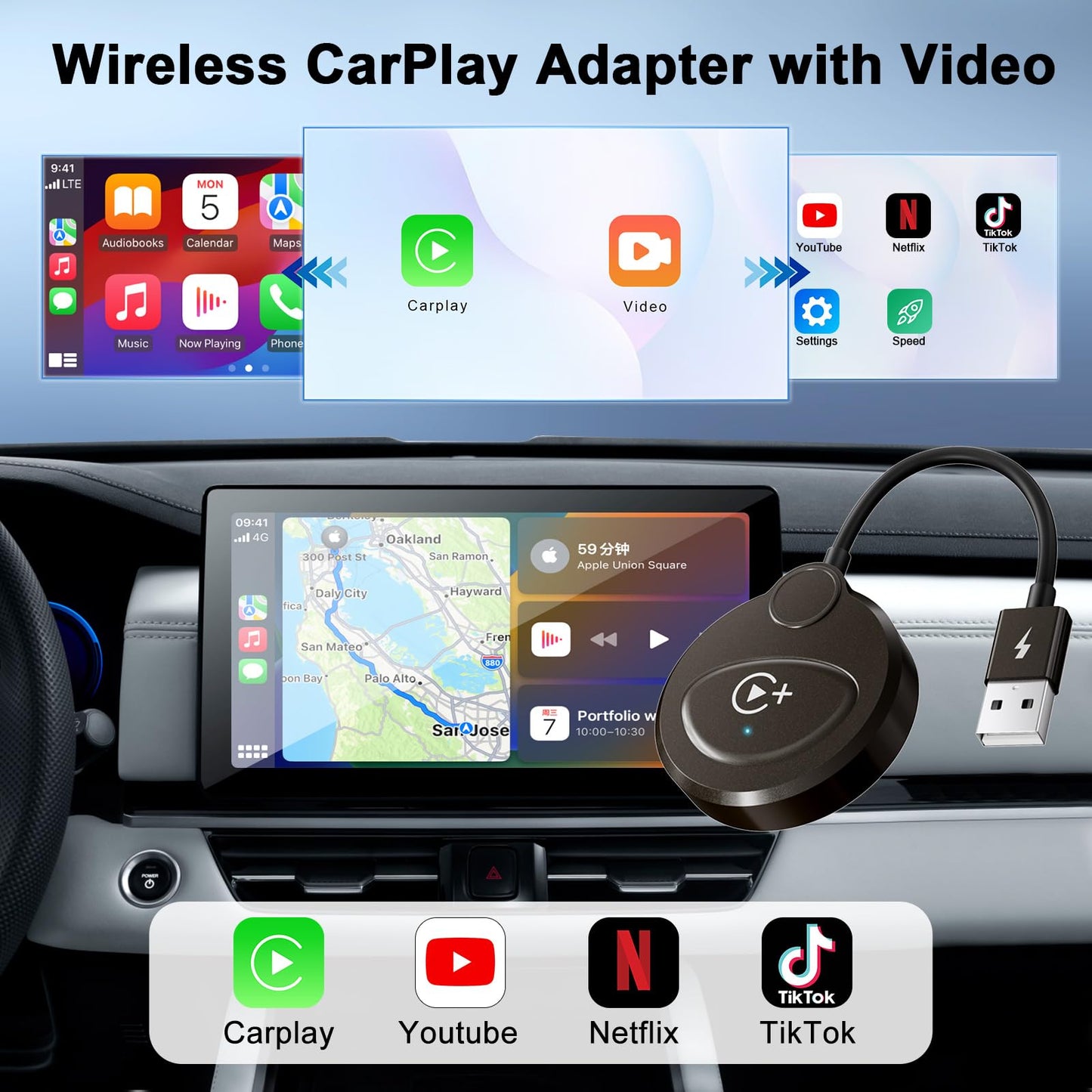 Wireless Carplay Adapter Built in YouTube Netflix,Carplay Wireless for Wired CarPlay to Wireless Support YouTube Netflix Tiktok Video Play,Easy Plug and Play_Black