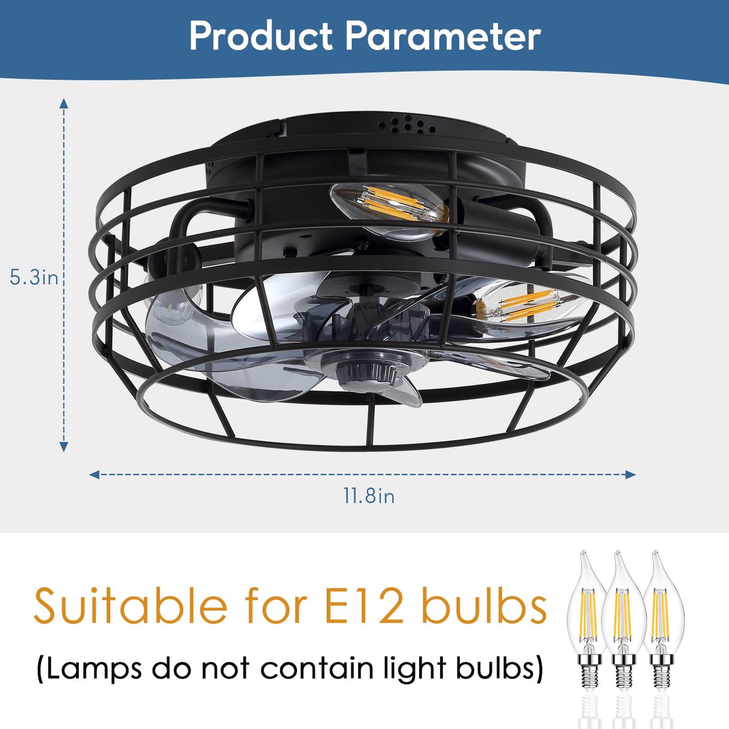 Youroke Farmhouse Caged Ceiling Fan with Light, Bladeless Flush Mount Fan Lights Ceiling Fixtures with Remote, 12 in 6 Speeds Indooor Lights for Kitchen, Living Room, Bedroom, Black