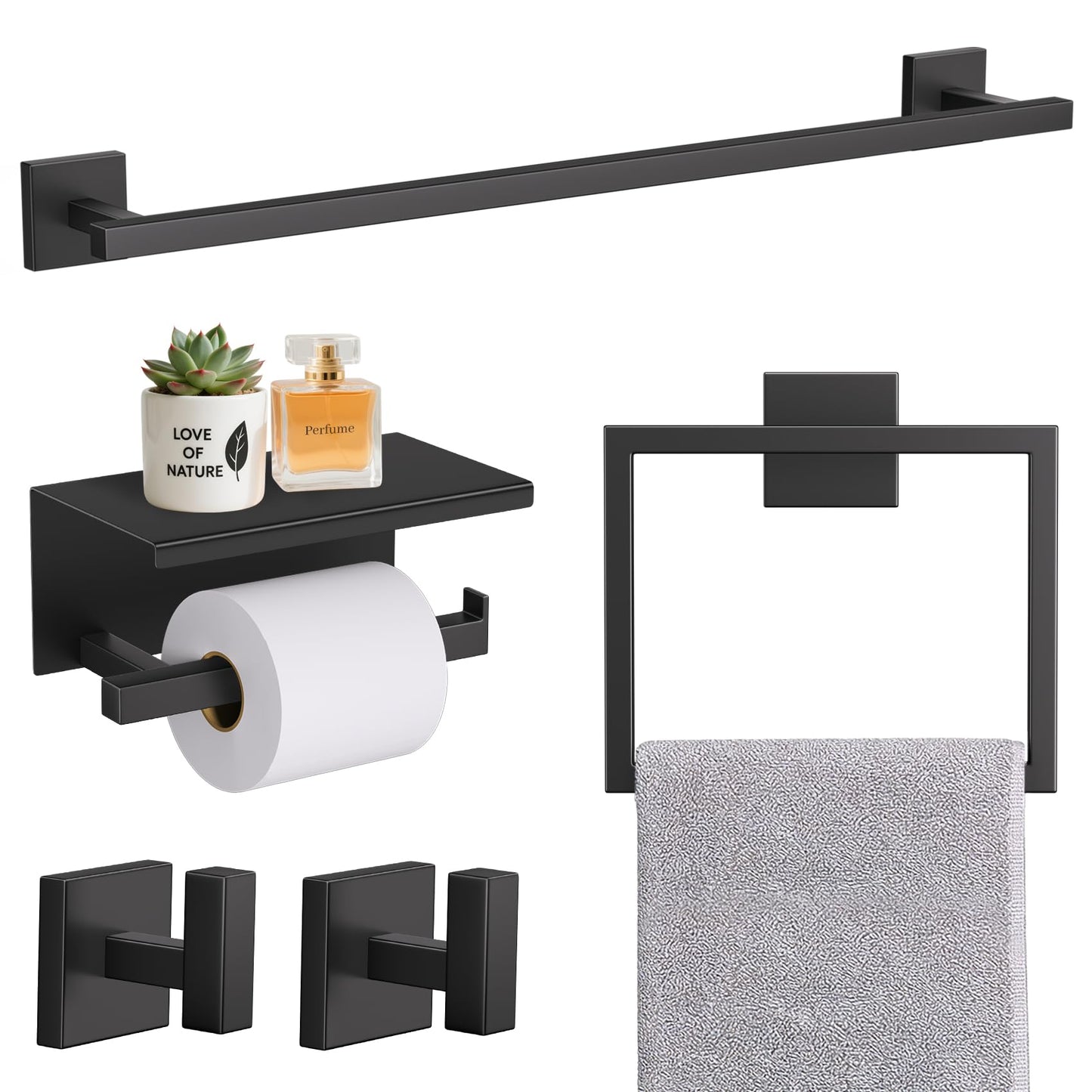 TURS 5-Pieces Matte Black Bathroom Hardware Accessories Set 23.6" Towel Bar Set Wall Mounted Square Toilet Paper Holder with Shelf Stainless Steel