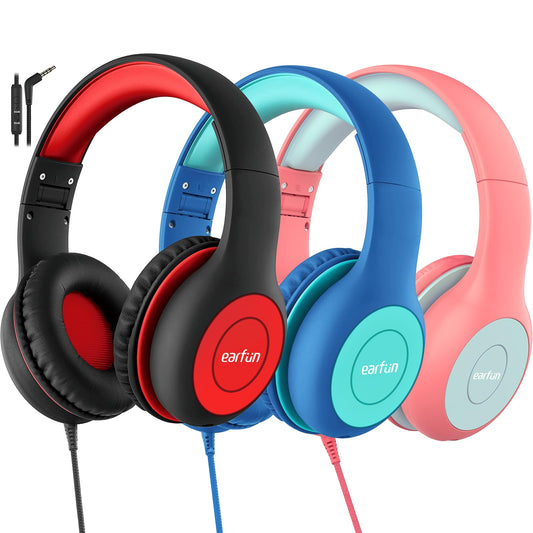 EarFun 3Packs Kids Headphones Wired with Microphone, 85/94dB Volume Limit Headphones for Kids, Portable Wired Headphone with Shareport, Stereo Sound Foldable Headset for School/Tablet/iPad/Kindle