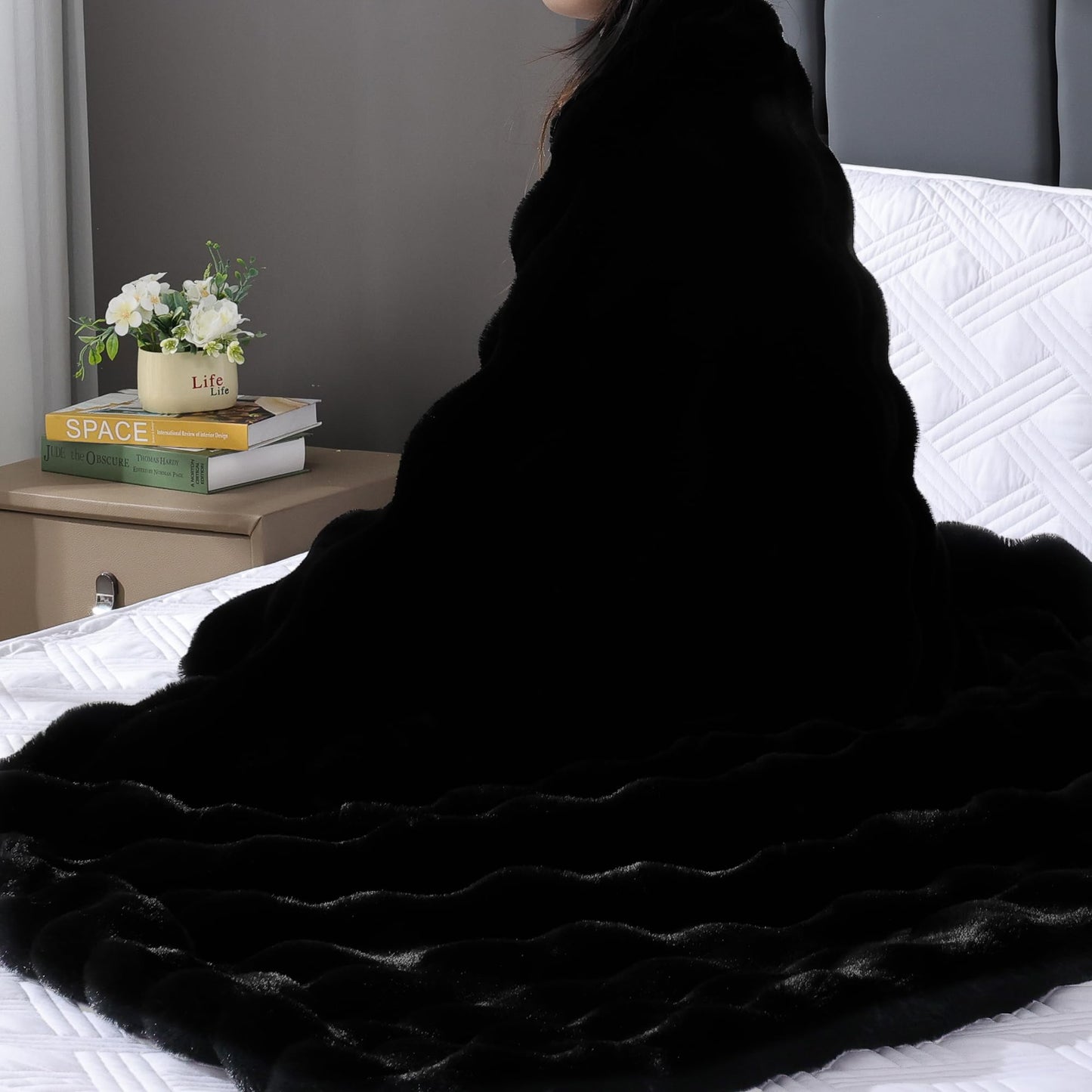 BlanketSolution Fluffy Furry Black Faux Fur Throw Blanket for Couch Bed 50x60 Fuzzy Bubble Soft Blanket for Adults Gift Home Living Room Decorative Decor 860 GSM