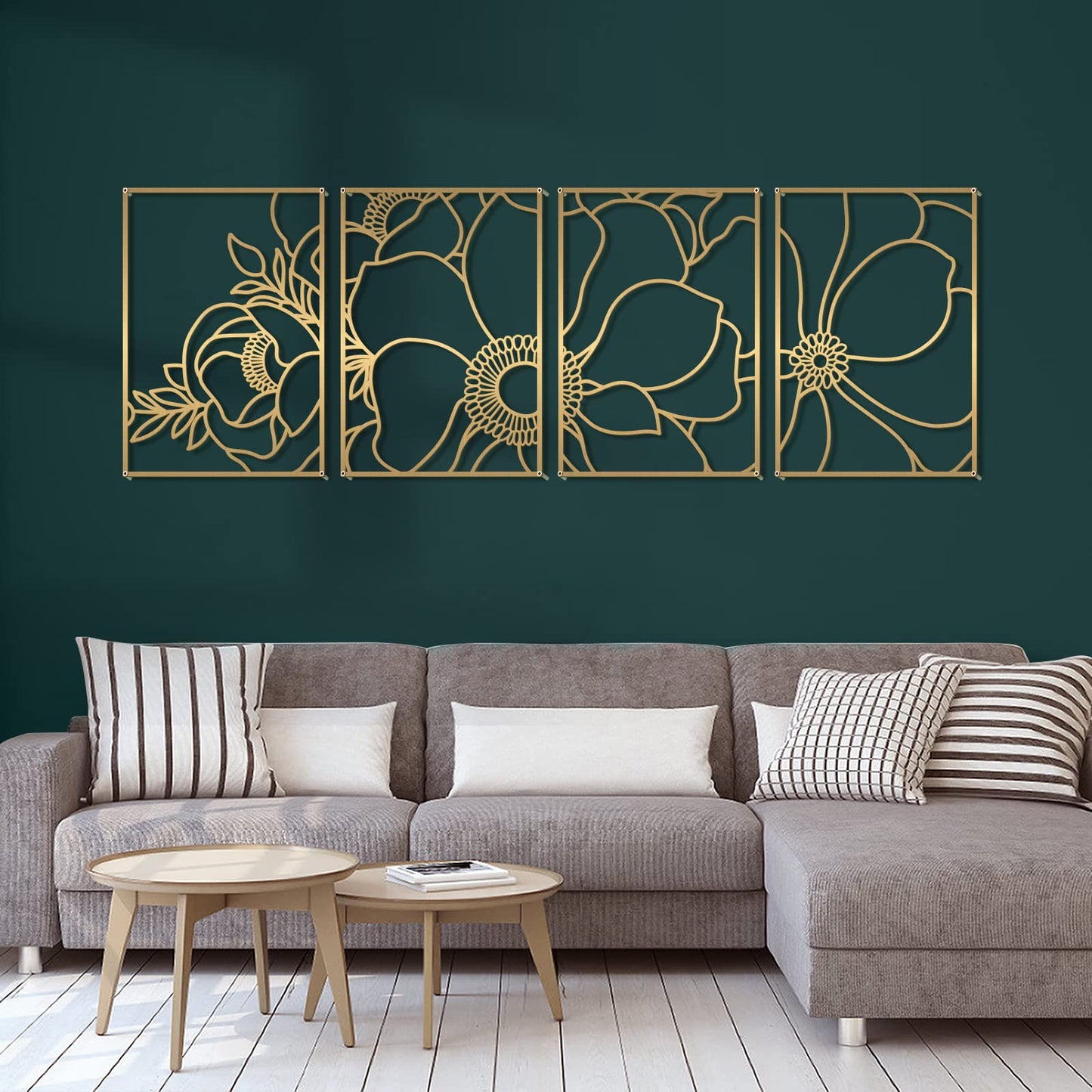 Glamativity 4 Pack Gold Wall Art, Flower Minimalist Single Line Art, Real Metal Nature Floral Abstract Wall Decor for Kitchen Bedroom Living Room