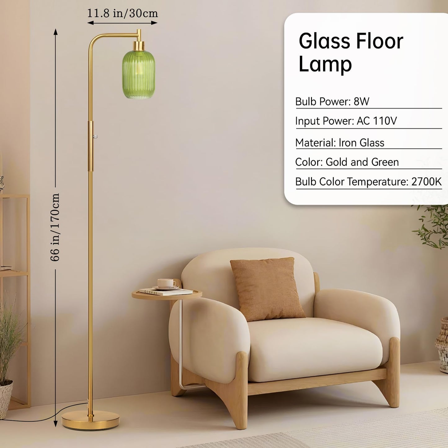 Ruiever Glass Floor Lamp for Living Room, Dimmer Standing Lamp with Green Ribbed Lampshade,66” Tall Lamp & Gold Floor Lamp for Bedroom Study Room,Brushed Gold (Green)