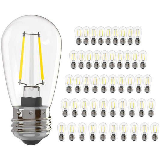 Banord 50 Pack Dimmable 2W S14 Replacement LED Bulbs, 2700K Warm White Waterproof Outdoor String Lights, Vintage Filament, Shatterproof E26 Screw Base Edison Light Bulbs