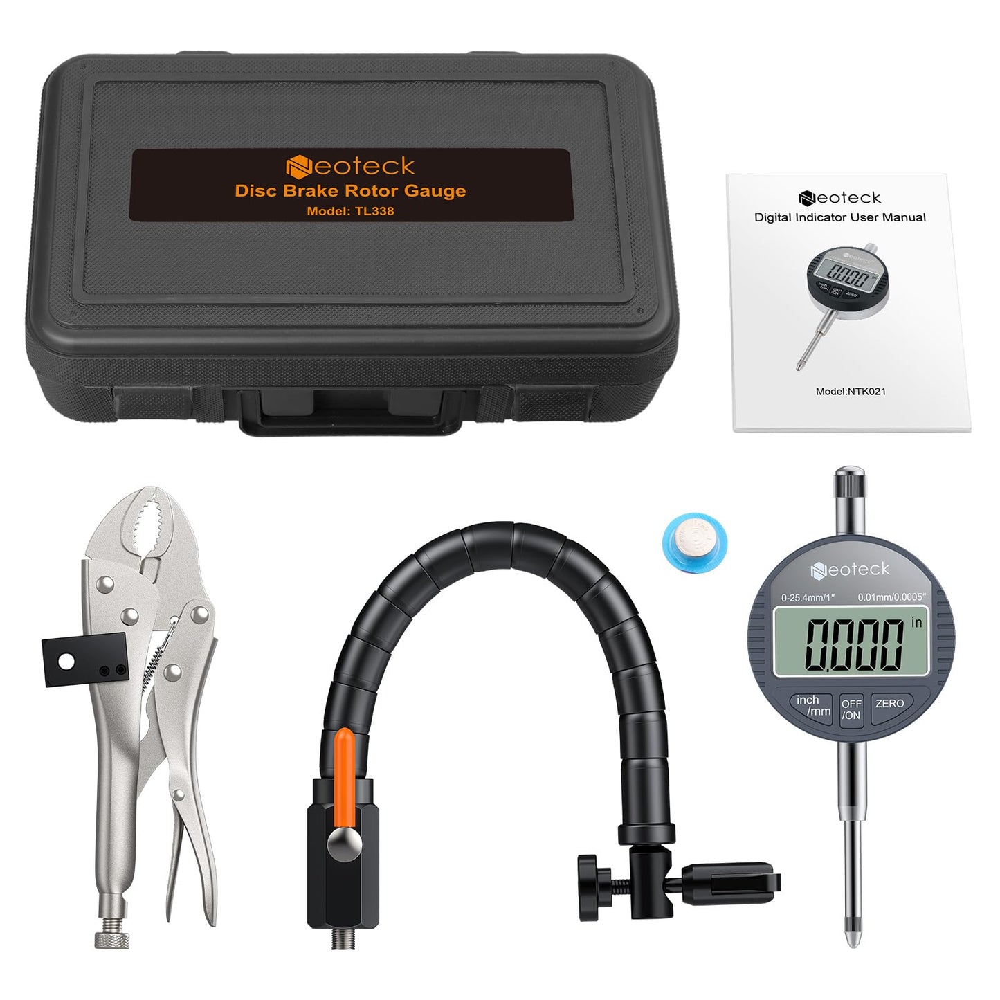 Neoteck Disc Brake Rotor Gauge Dial Indicator 1"/0.0005" Digital Runout Gauge Set Ball Joint Runout Set with 360° Flexible Arm Tight Grip Locking Vise for Automotive, Mechanical, Industrial Processes