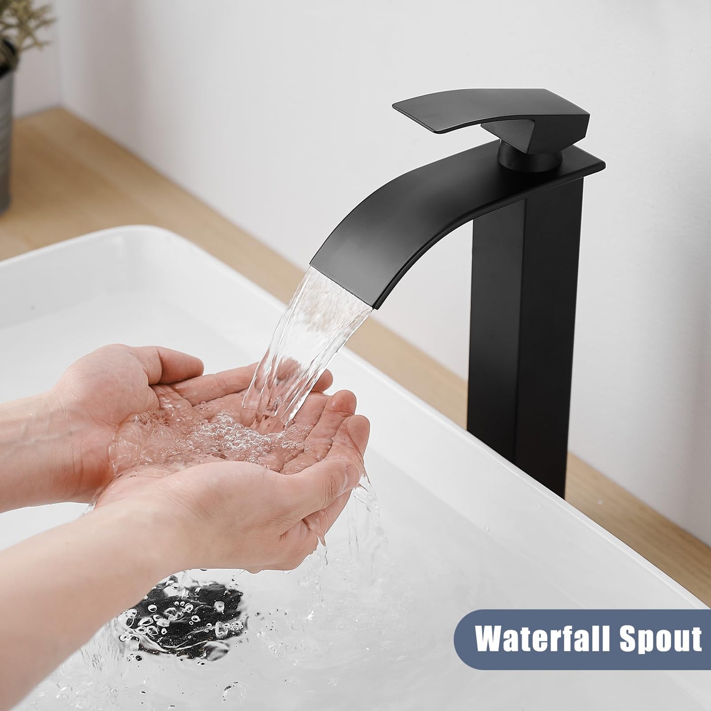 RUMOSE Tall Matte Black Bathroom Faucet with Pop Up Drain Modern Single Handle One Hole Bathroom Vessel Sink Faucet Waterfall Spout Rv Lavatory Vanity Faucet Deck Mount Mixer Tap, Stainless Steel
