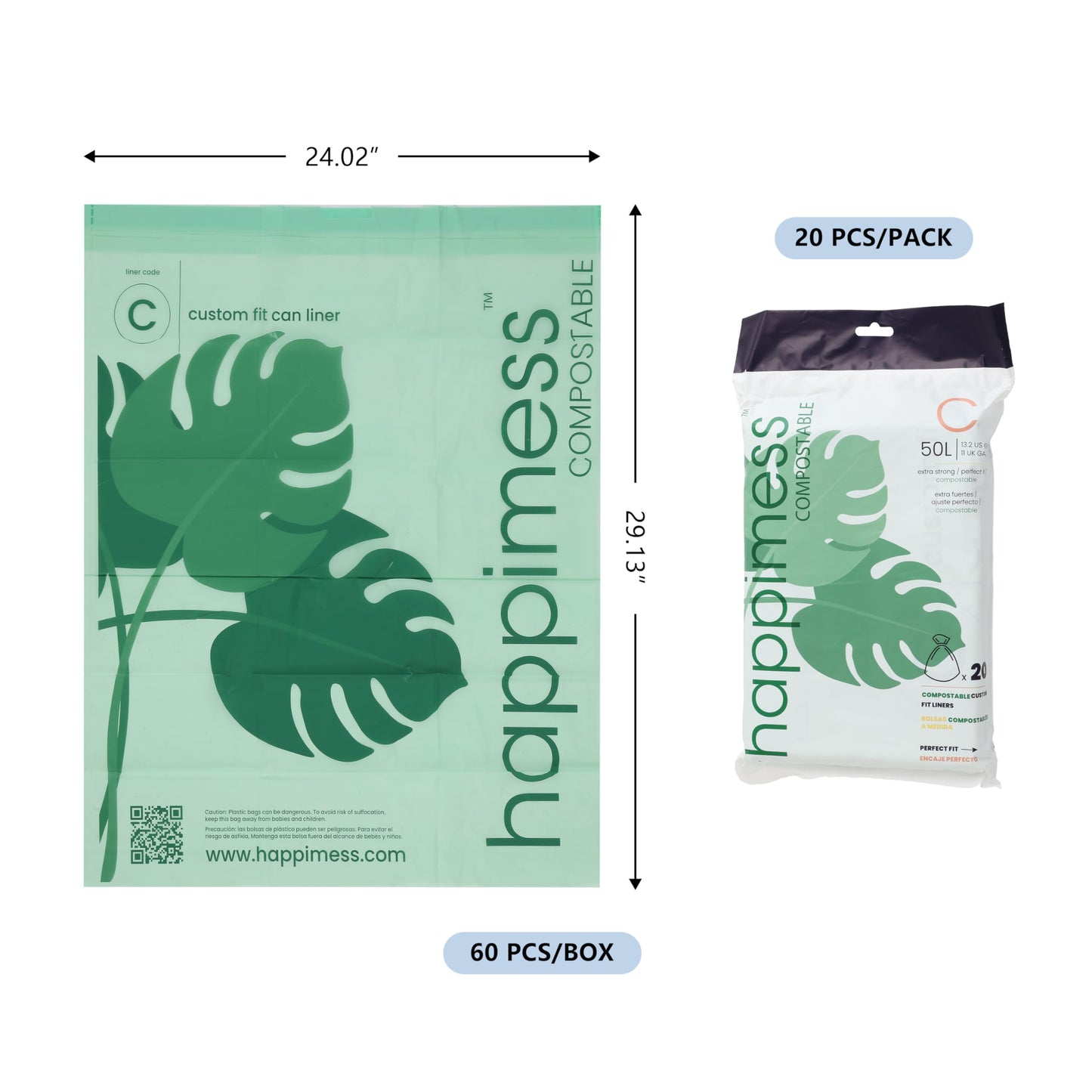 happimess HPM3000C-GREEN 60-Count 13.2-Gallon (50L) Drawstring Compostable Trash Can Liner for Business Home Kitchen Commercial and Industrial, Green (3-Packs of 20 Liners)
