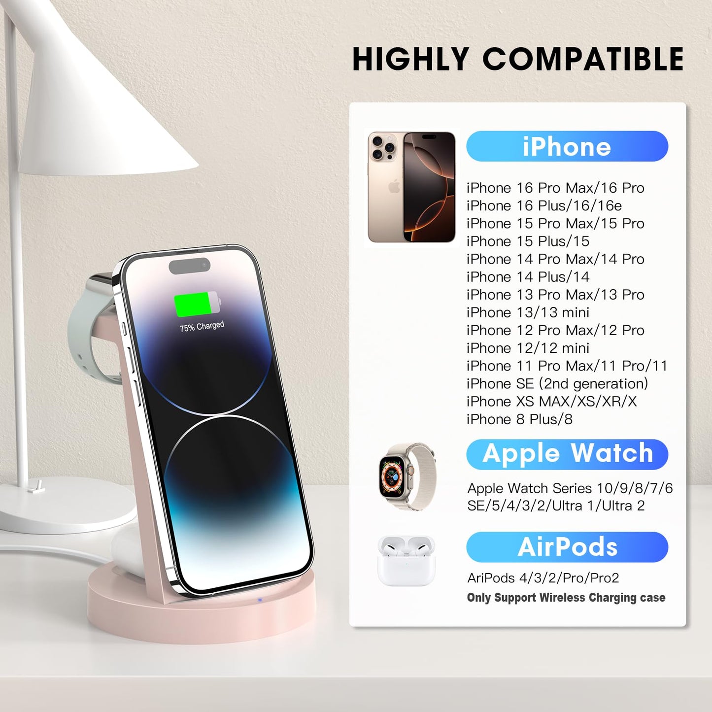 Anlmz 3 in 1 Charging Station for iPhone, Wireless Charger for iPhone 16 15 14 13 12 11 X Pro Max & Apple Watch - Charging Stand Dock for AirPods (Pink)