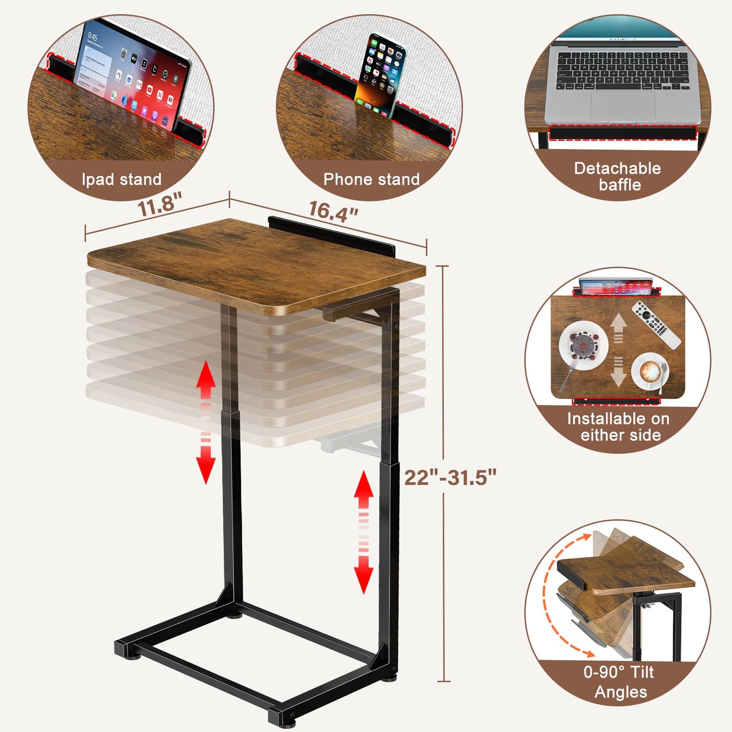 Tv Tray Table, Adjustable Height Couch Narrow Side Table,90° Tilt Angle foldable End Table, Laptop Table with Phone & Tablet Slot Dinner Tray Desk for Recliner/Sofa/Bed/small Living Room (Brown)