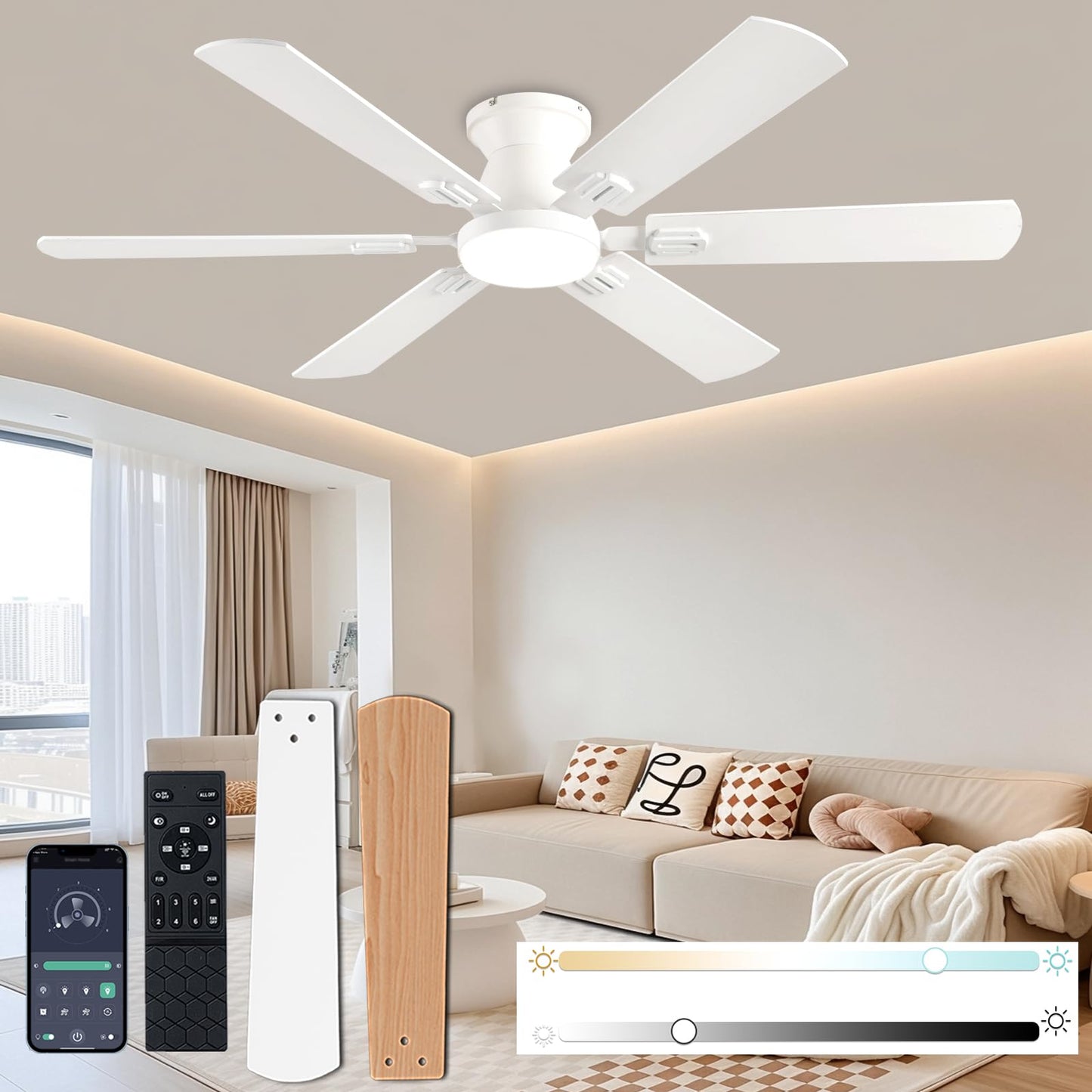 KNUN 56 inch Ceiling Fans with Lights, White Flush Mount Ceiling fan with Light and Remote/APP Control, 3CCT,Dimmable, Noiseless, Low Profile Ceiling Fan for Bedroom, Patio, Indoor/Outdoor Use