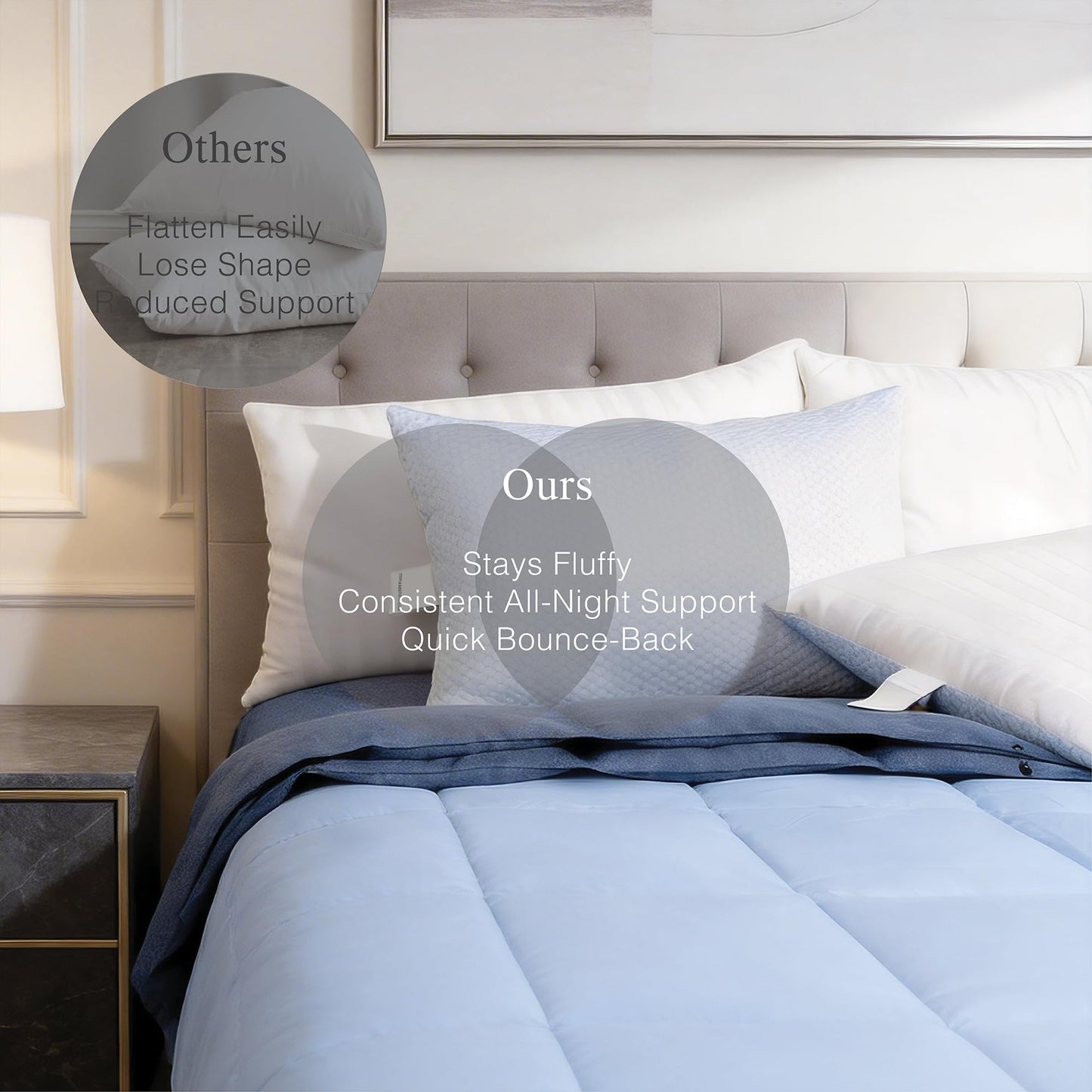 Blue Ridge Home Fashions Luxury Hotel Quality Cooling Pillows Queen Size Set of 2, Soft Medium 500 Thread Count Damask Stripe Embroidered 100% Cotton Cover, Down Alternative