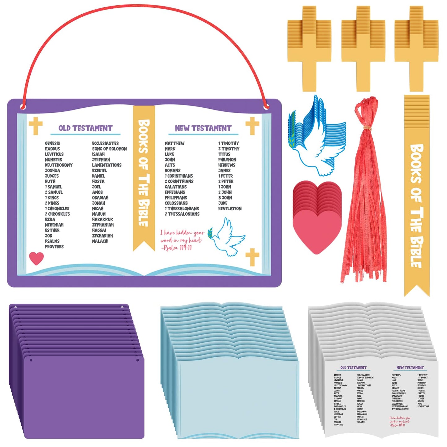 Motipuns 24 Sets Books of The Bible Craft Kit for Kids Religious Sunday School Crafts Christian Bible DIY Sticker Hanging Ornament for Classroom VBS Church Activities