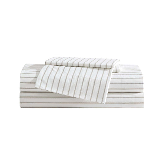 Eddie Bauer - Queen Sheet Set with Fitted Sheet & Pillowcases, 100% Cotton Percale Bedding, Crisp & Cool, Deep Pocket, Essential Stripe Beige
