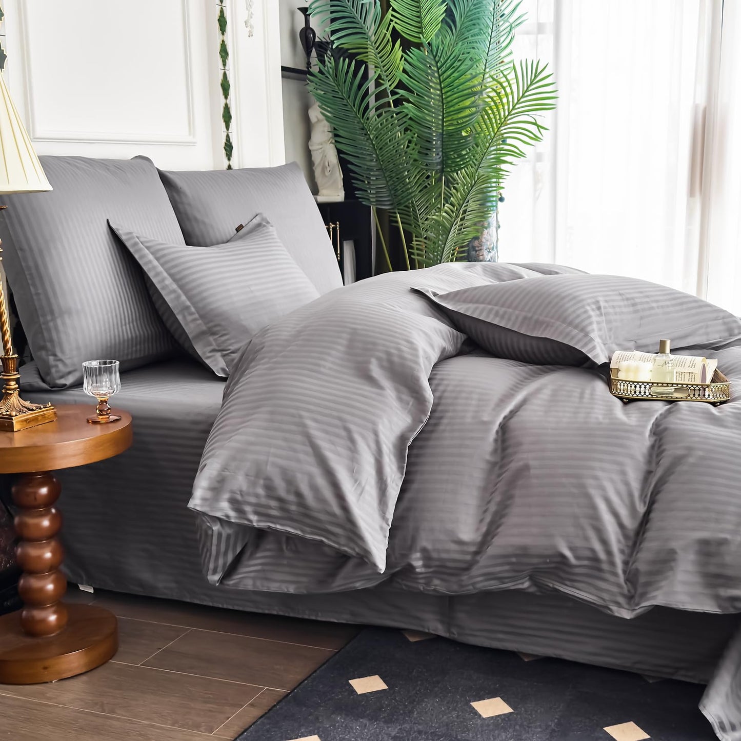 Amolavet Hotel Duvet Cover King Size Cotton Dark Grey Satin Pin Striped with Zipper - Duvet Cover King 3 Pcs Set 104x90 (1 Duvet Cover & 2 Pillow Shams) - Comforter/Quilt Cover King Size