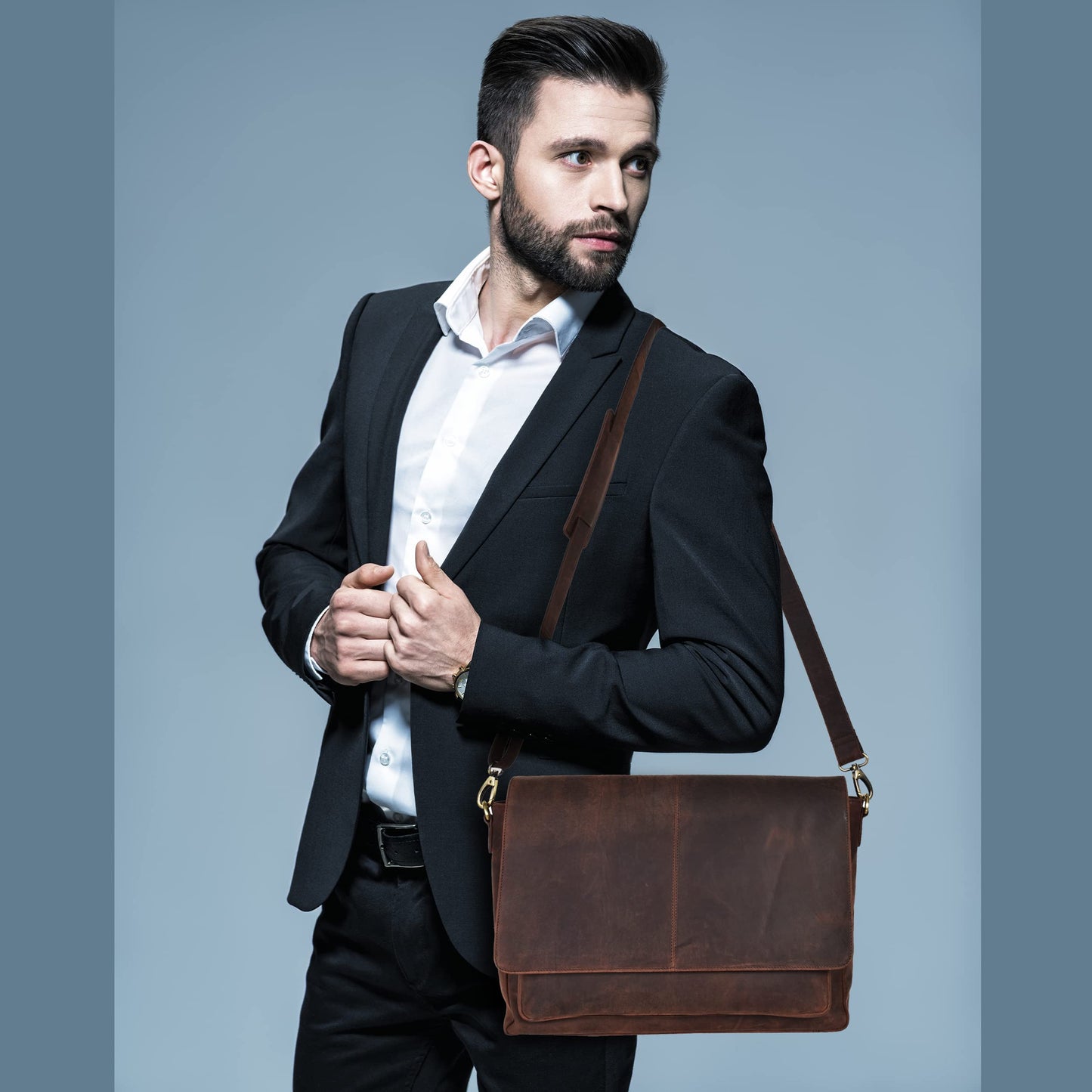 Leather messenger bag for men & women- Laptop briefcase bag for college,office adjustable shoulder strap