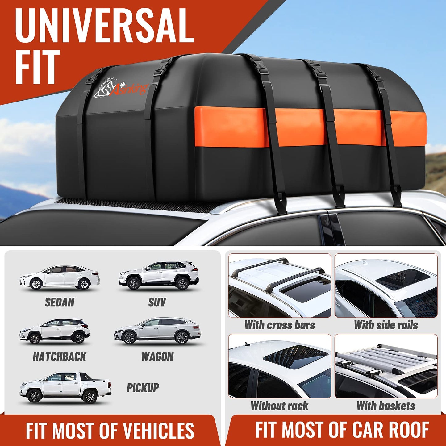 Car Rooftop Cargo Carrier Bag, 21 Cubic Feet 100% Waterproof Heavy Duty 840D Car Roof Bag for All Vehicle with/Without Racks - Anti-Slip Mat, 6 Door Hooks, Storage Bags, 2 Extra Straps, Luggage Lock