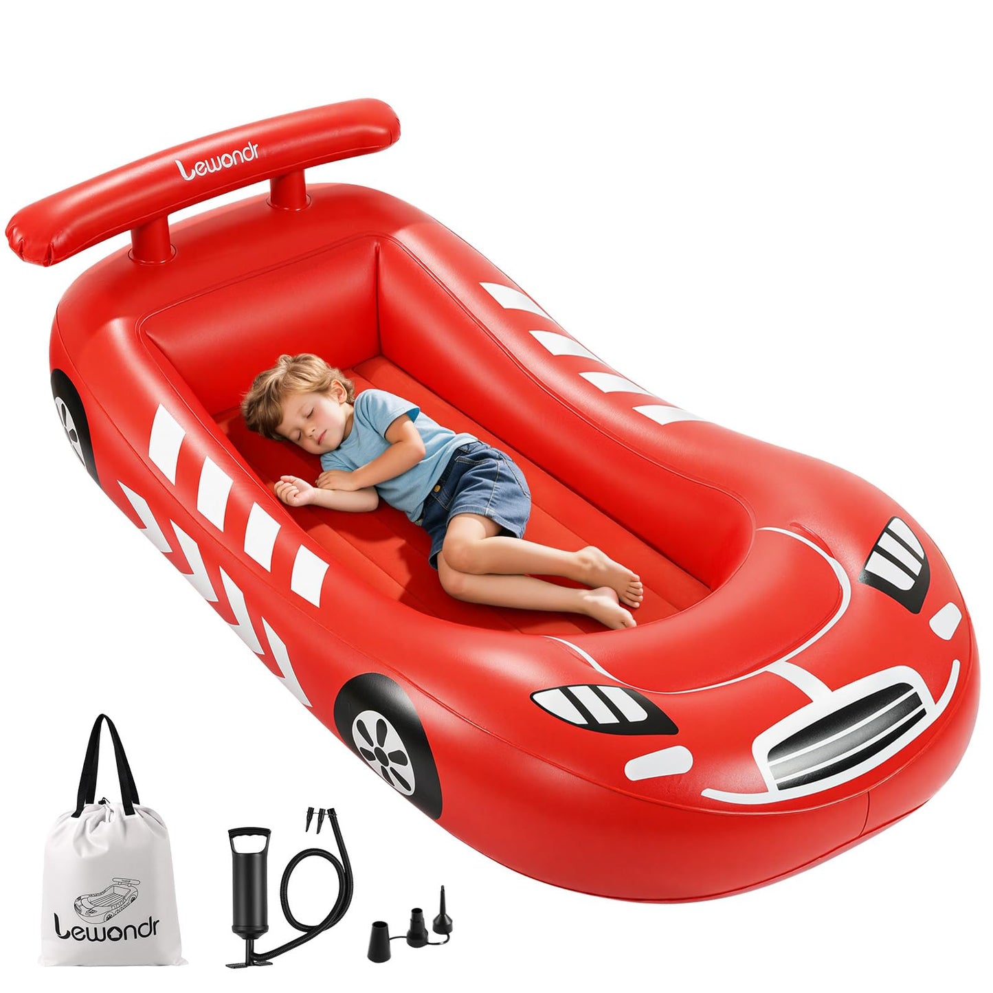 Lewondr Inflatable Kids Bed, Racecar Toddler Air Mattress with Safety Bumpers, Toddler Blow up Mattress with Hand Pump, Portable Toddler Travel Bed for Camping, Sleepovers, Vacation & Home, Red