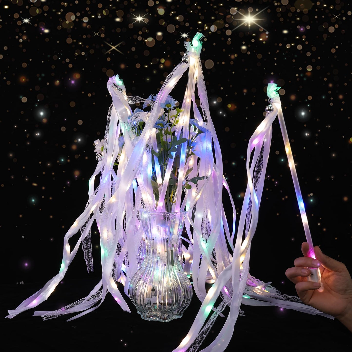 AUGFRYZIAN 58 Pieces Light up Wedding Wands with Ribbons & Bells –LED Silk Wedd Fairy Wands Streamers with Warm White & Colorful Lights for Wedding Send Off Ideas, Parties, and Celebrations