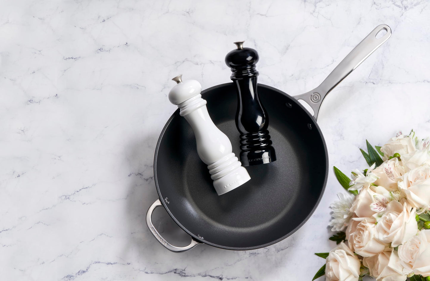 Le Creuset Salt and Pepper Mill Set, 8" x 2 1/2" each, Black & White