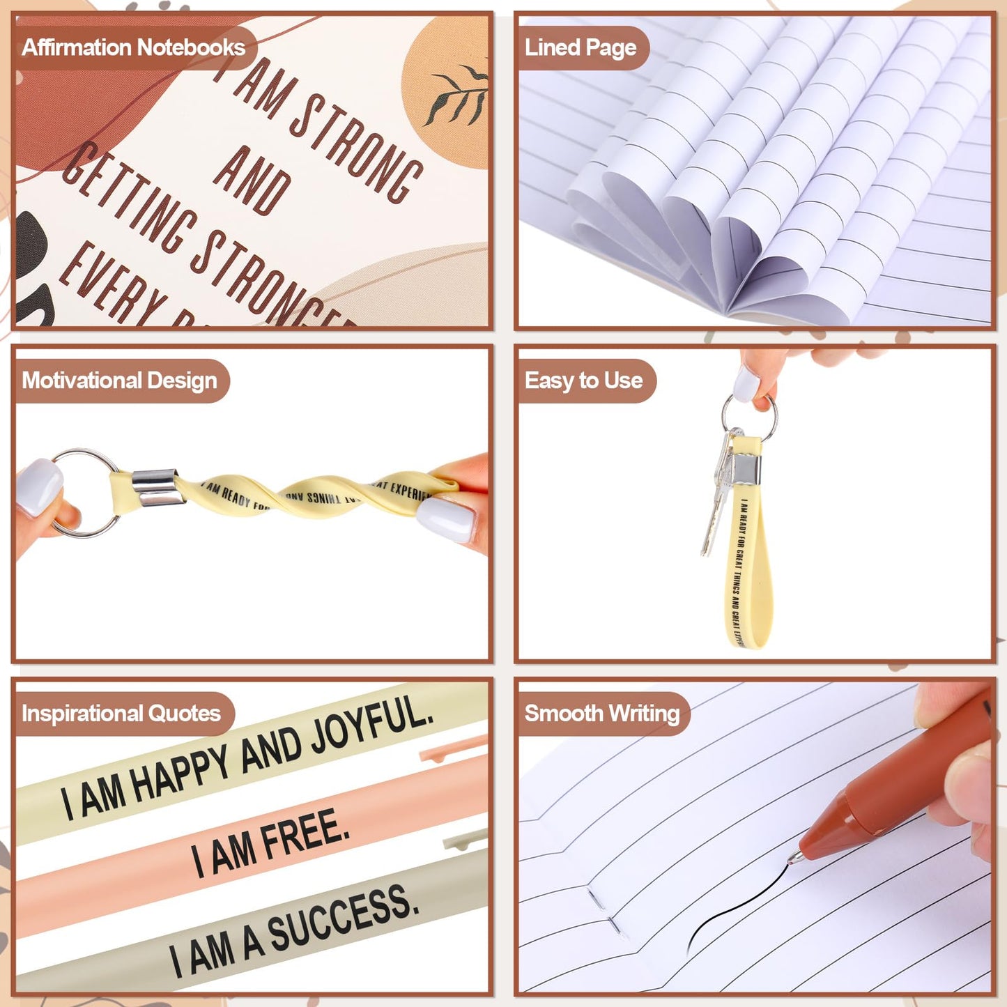 Mooliwe 48 Set Positive Affirmation Gift Set Gratitude Notebooks with Pens Keychains Small Bags Motivational Party Favors for Adult Women Coworkers Employee Group (Boho)