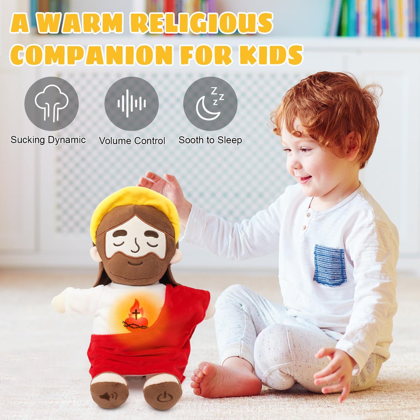 Yelakey - Calming Jesus Plush Toys with Light and Sound, Jesus Breathe Plush Doll with Stuffed Animals, Religious Christian Catholic, Christmas Easter Gifts for