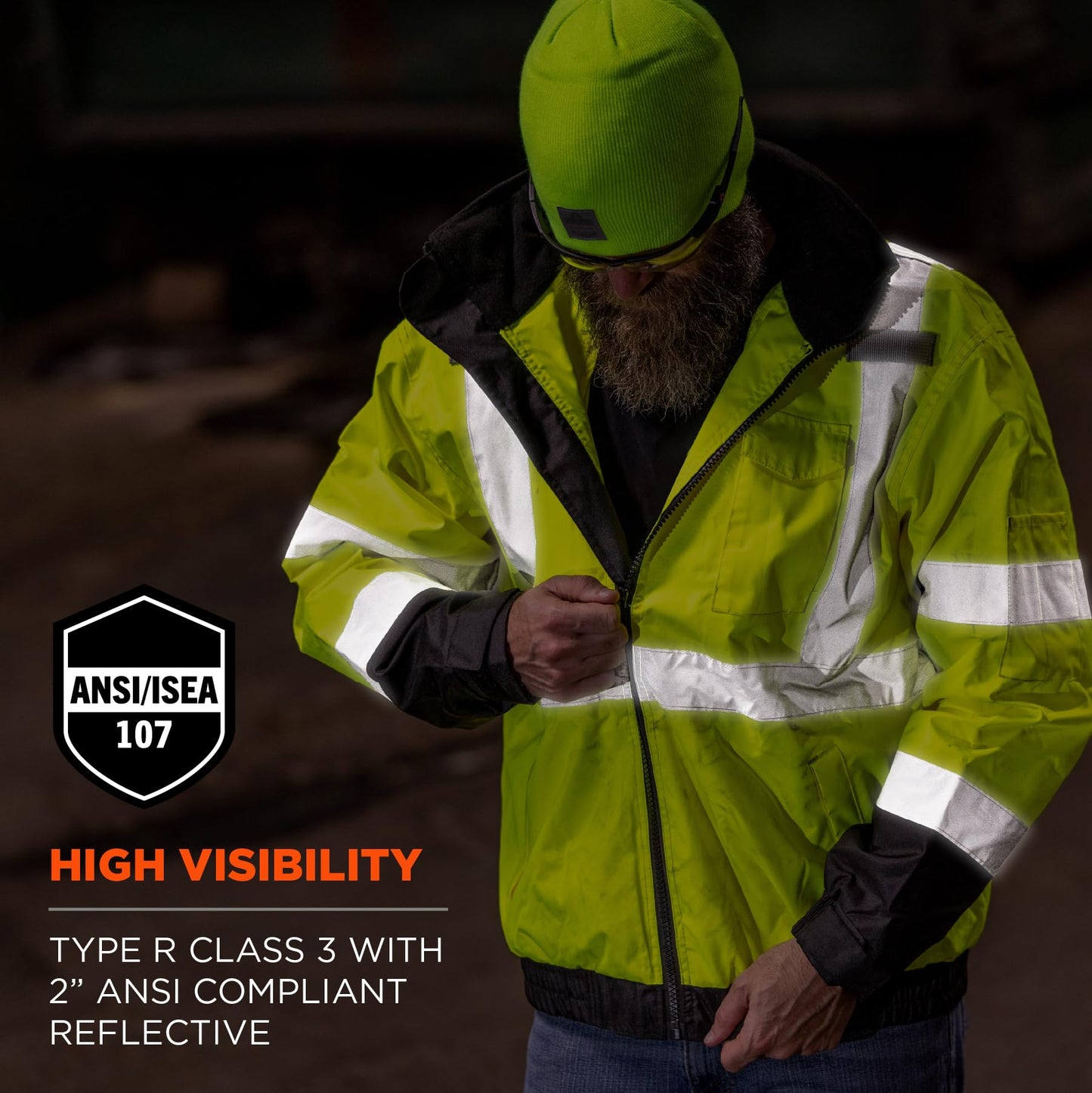 Ergodyne Unisex-Adult 3-in-1 Hi-Vis Winter Bomber Jacket, Lime, Large US