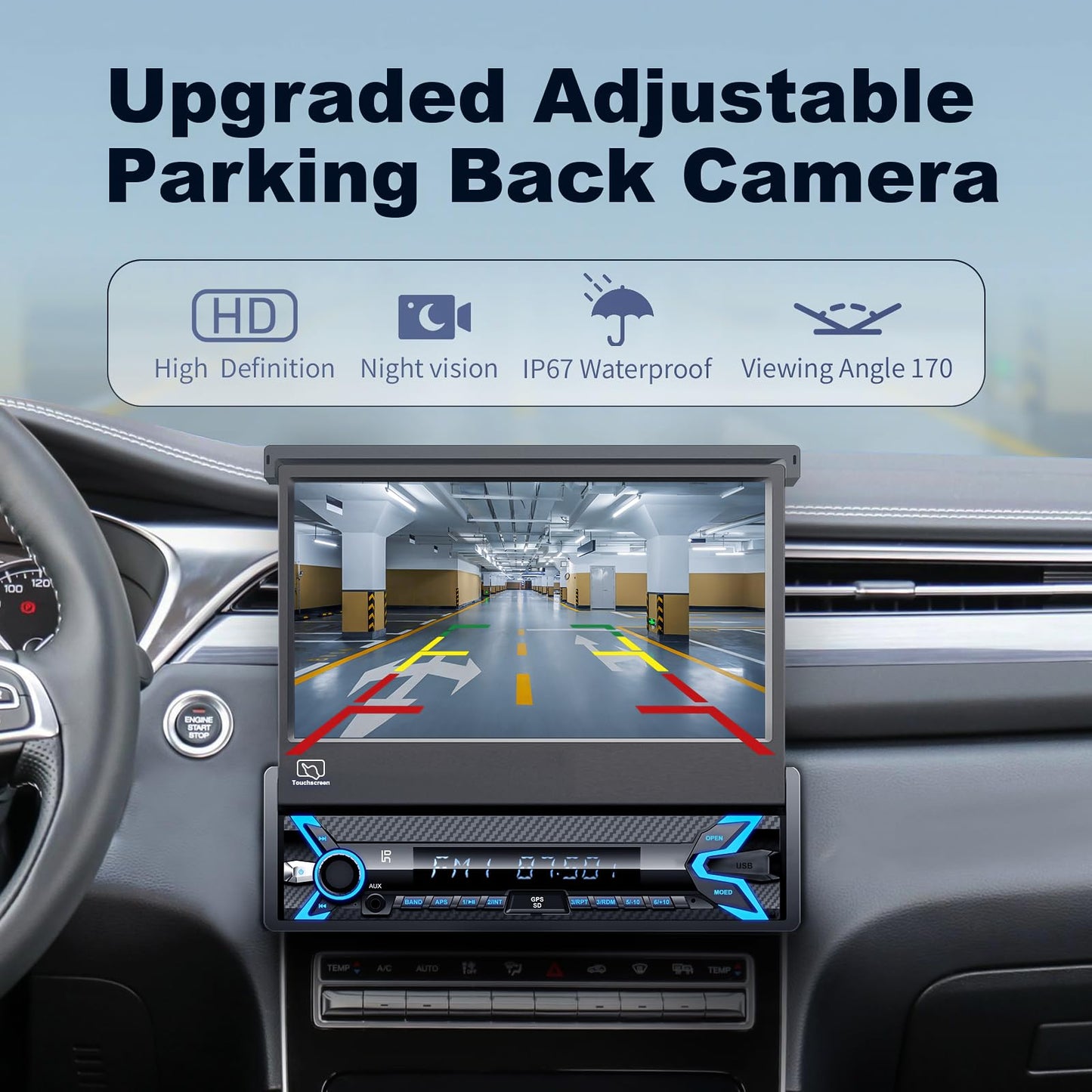 2025 7-inch Motorized Flip-Out Single Din Car Stereo with Apple CarPlay & Android Auto, Bluetooth, HD Touchscreen, Backup Camera, USB/SD/AUX Input, AM/FM Radio, Subwoofer Support & DSP
