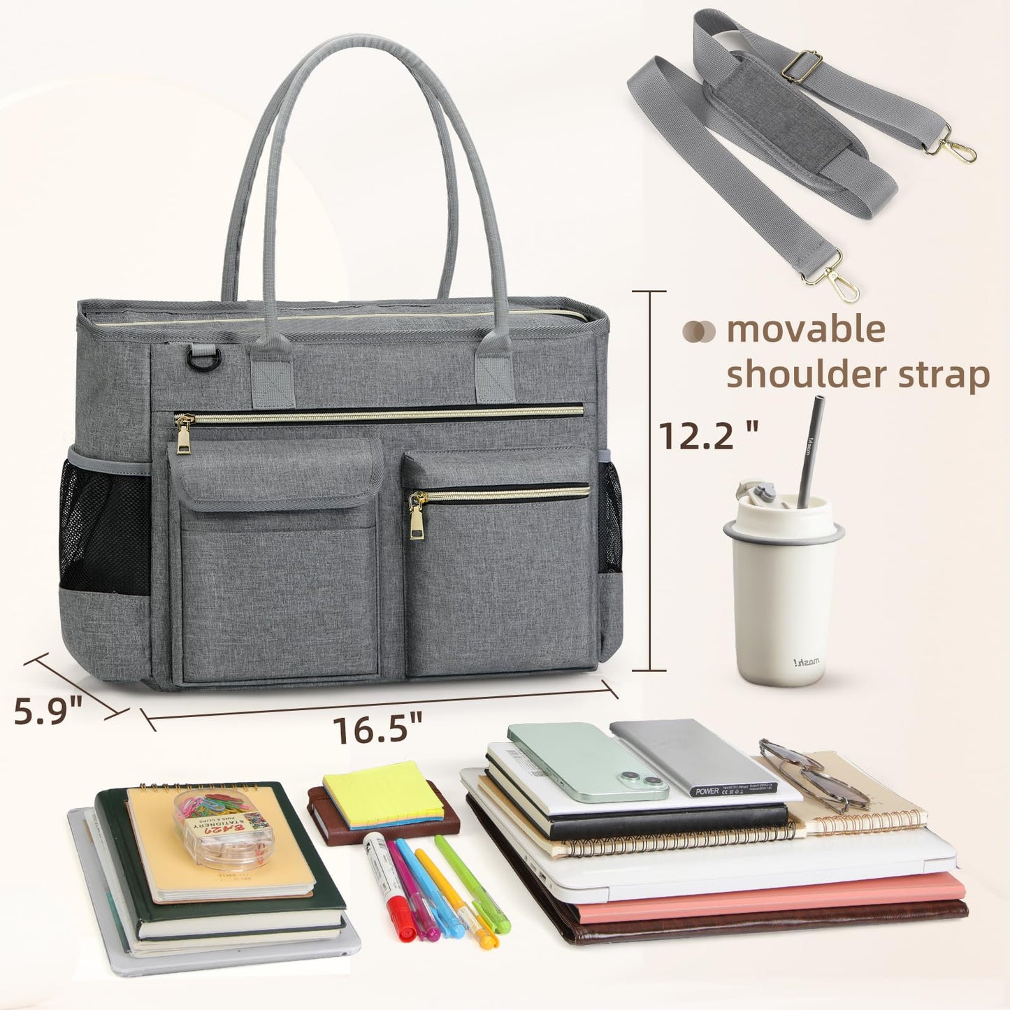 RAINSMORE Laptop Bag for Women 15.6 inch Work Teacher Tote Bag Nurse Bag Professional Laptop Tote Computer Messenger Shoulder Bag Large Handbag Business Office Work Bag Briefcase Grey