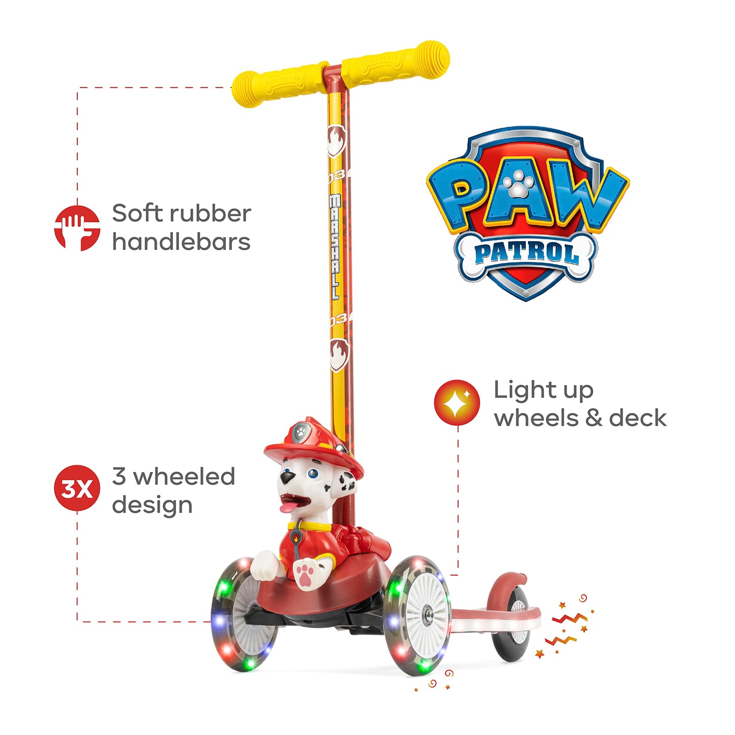 Paw Patrol Marshall Kick Scooter for Kids, Self-Balancing 3 Wheeled Light Up Scooter with Extra Wide Anti-Slip Deck, Rear Brake, Lean to Steer, Lightweight Design, for Ages 3 and up, 75 LB Limit