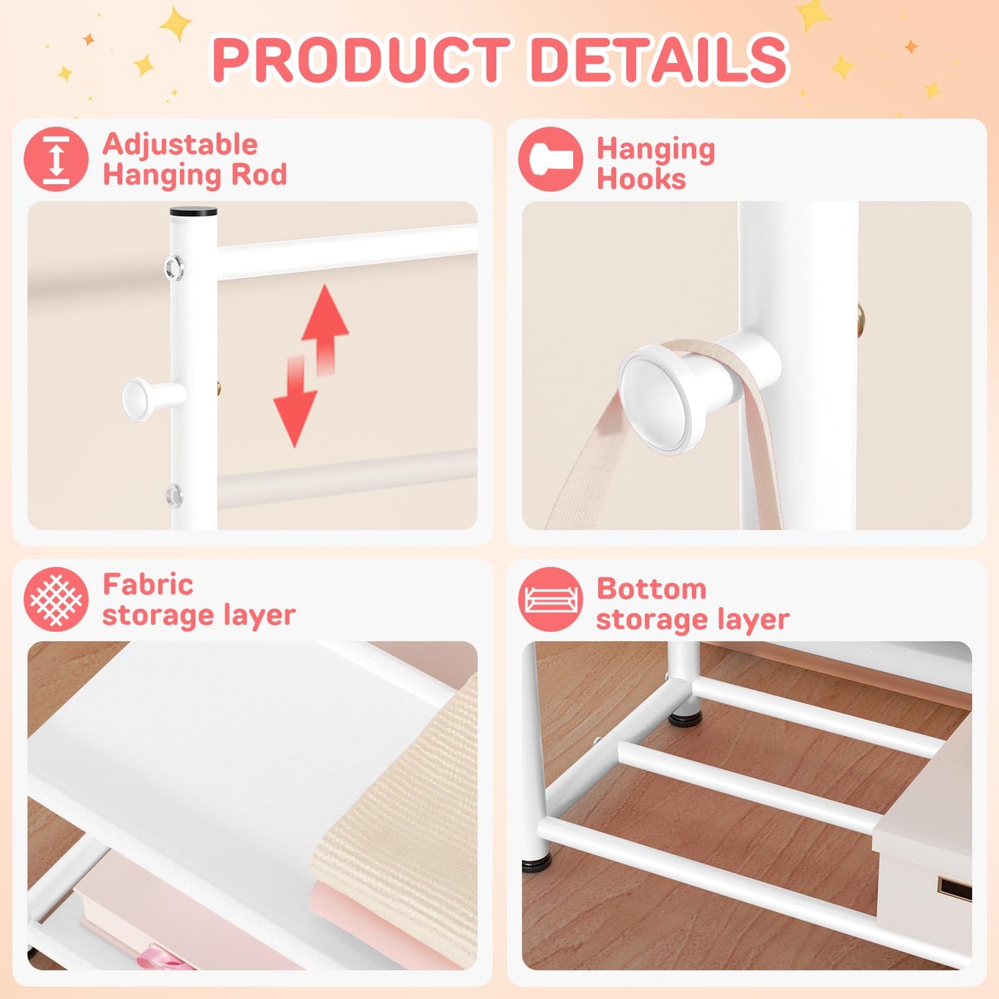 ZHKINGGS Kids Clothing Rack with 2-Layer Storage Shelf and 2 Adjustable Hanging Rods, Dress Up Rack for Hanging Clothes,Dress up Storage for Baby Toddle Kids(Classic, White)