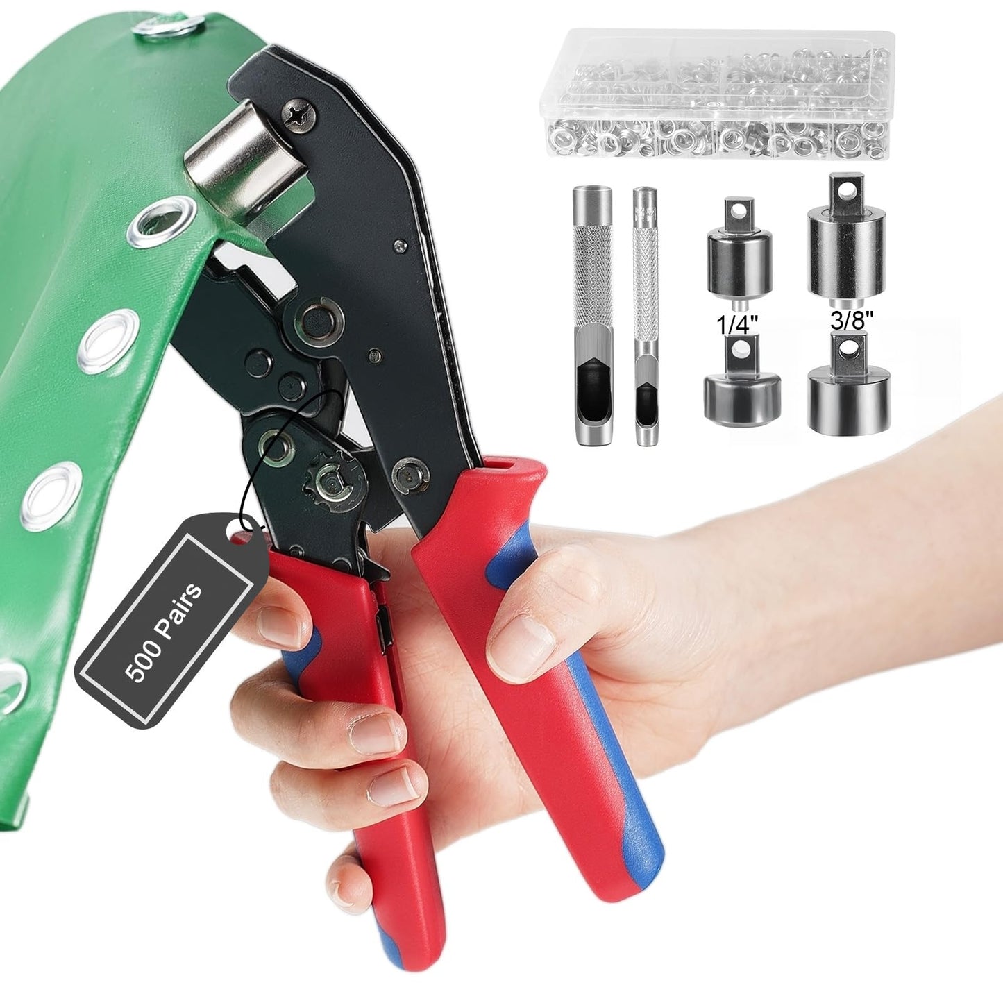 Heavy Duty Ratchet Grommet Tool Kit with 500 Pairs 6mm and 10mm Grommet Kit, Amliber Interchangeable Head Grommet Press with Silver Eyelets and Grommets for Fabric, Tarp, Leather