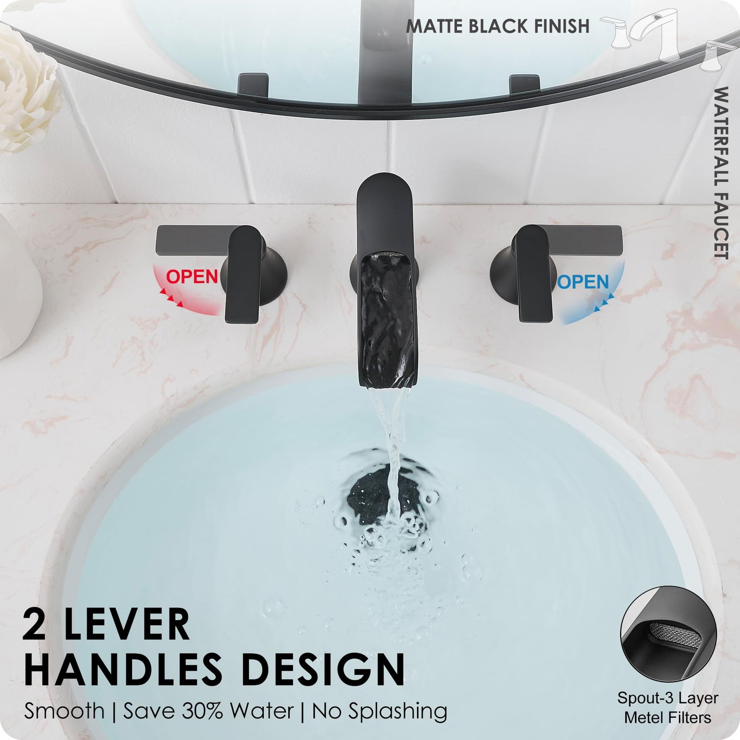 HOIGY Matte Black Widespread Bathroom Sink Faucet 3 Hole, 8 Inch Waterfall Faucet for Bathroom Sink with Pop-Up Drain and cUPC Supply Lines, 2 Handles for Vanity Lavatory Restroom, Brass Material