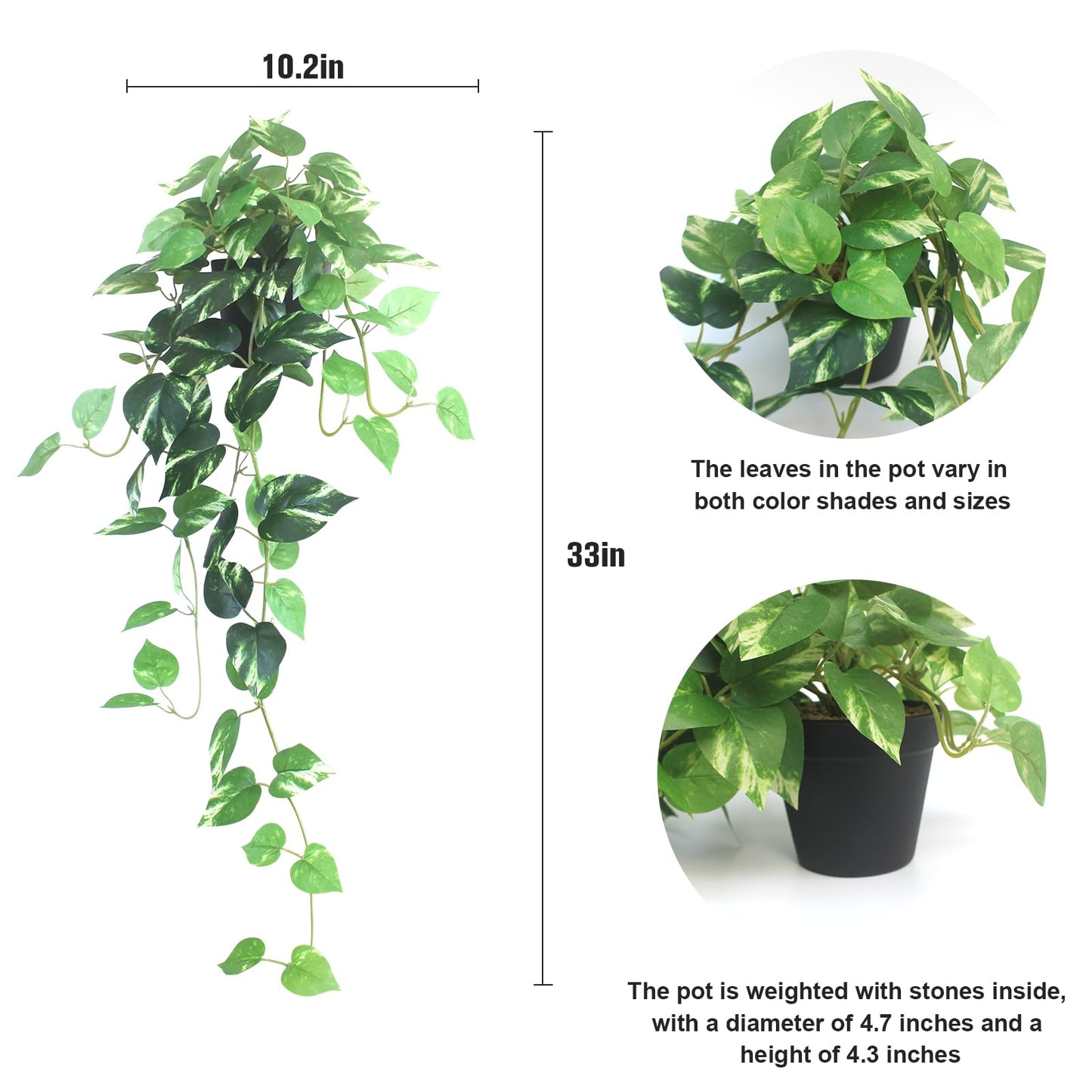 Fake Pothos Hanging Plants - Set of 2 Artificial Silk Ivy Vines with Pots, Realistic Faux Greenery for Indoor Home Decor, Low Maintenance Hanging Plant Decoration (Golden Green)