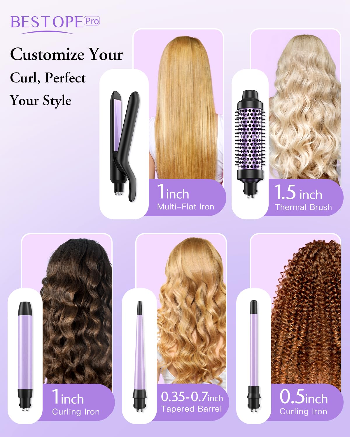 5 in 1 Curling Iron, Curling Wand Set with Thermal Brush, Flat Iron Hair Straightener, 3 Ceramic Curling Irons (0.35"-1"), 13 Adjustable Temps, Hair Curler Waver with Heat Resistant Mat, Glove, Clip