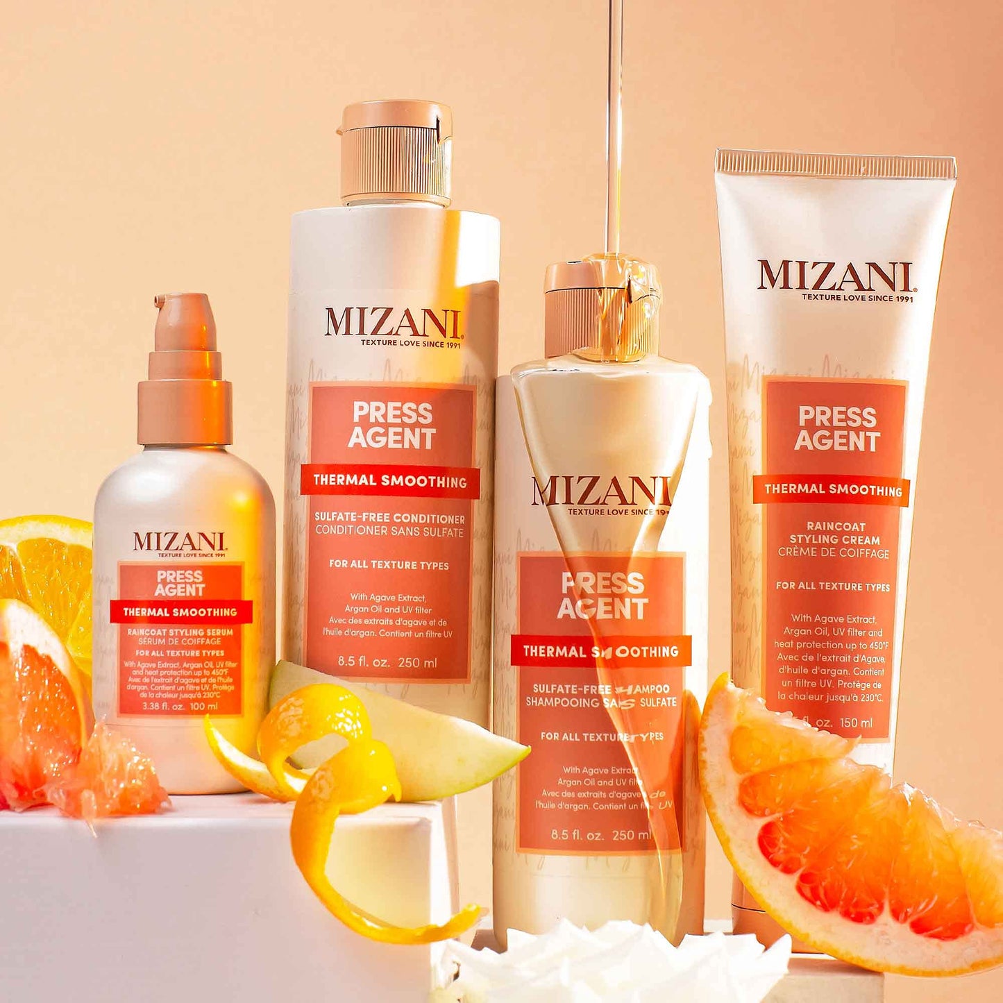 Mizani Press Agent Thermal Smoothing Sulfate-Free Conditioner, Pink Grapefruit, juicy Mandarin with a floral medley of Jasmine, Rose & Freesia, ending on notes of Musk & Wood., 33.8 fl. oz