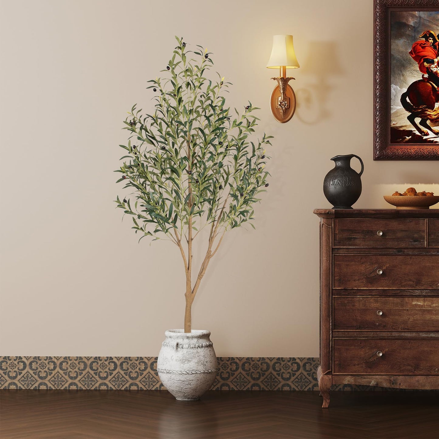 Tall Faux Olive Tree，6ft（72in） Realistic Potted Silk Artificial Olive Tree， Fake Olive Trees Indoor with Green Leaves and Big Fruits for Home Office Living Room Stairs Patio Decor.