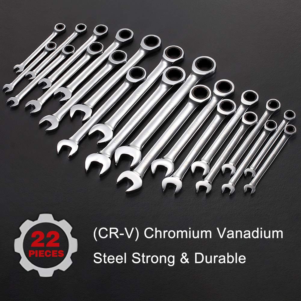 BULLTOOLS 23-Piece Ratchet Wrenches Chrome Vanadium Steel Ratcheting Wrench Set with Metric and SAE 72-Tooth Box End and Open End Standard Wrench Set with Organizer Box