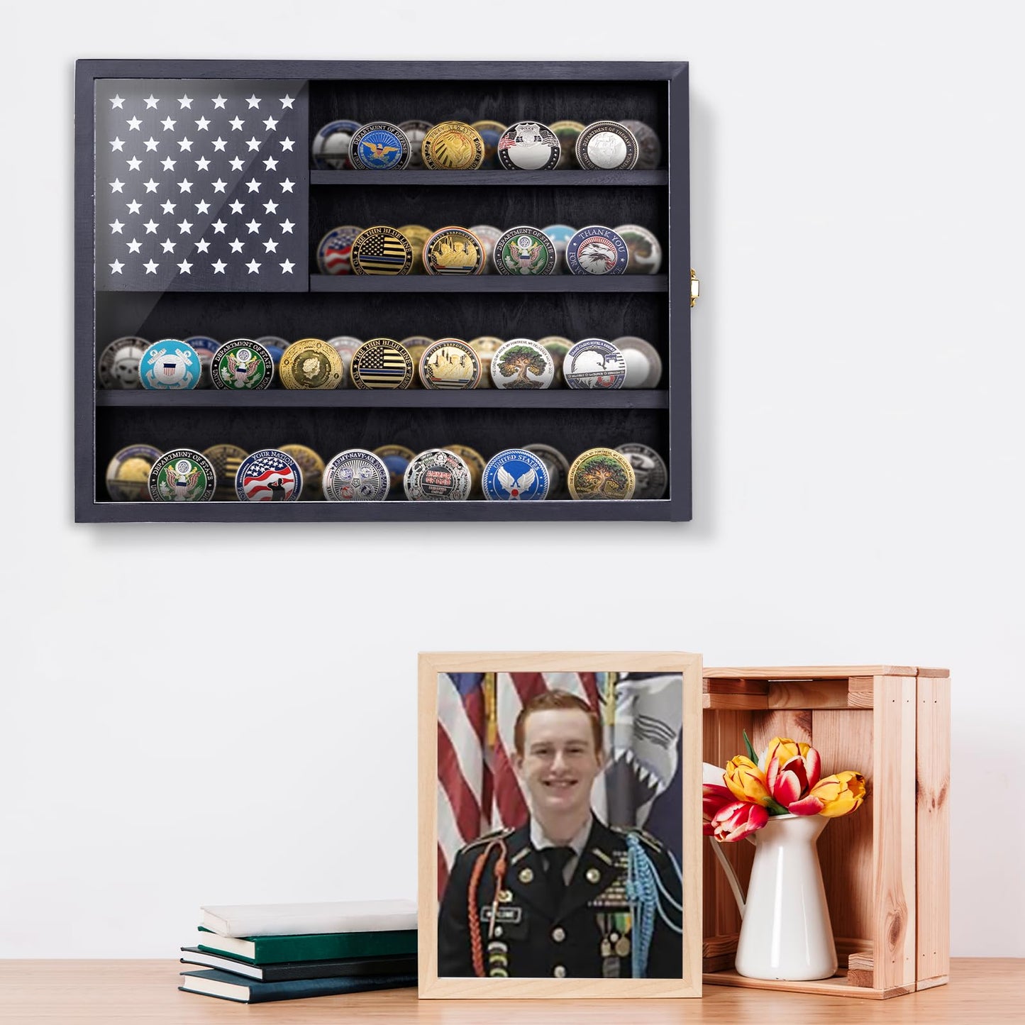 Military Challenge Coin Display Case, 16”x12” Wooden American Flag Medal Shadow Box with Anti-Fade UHD Acrylic Door, Gold-Antitheft Lock, 2 Groove Shelves and Wall Mount (Black184)