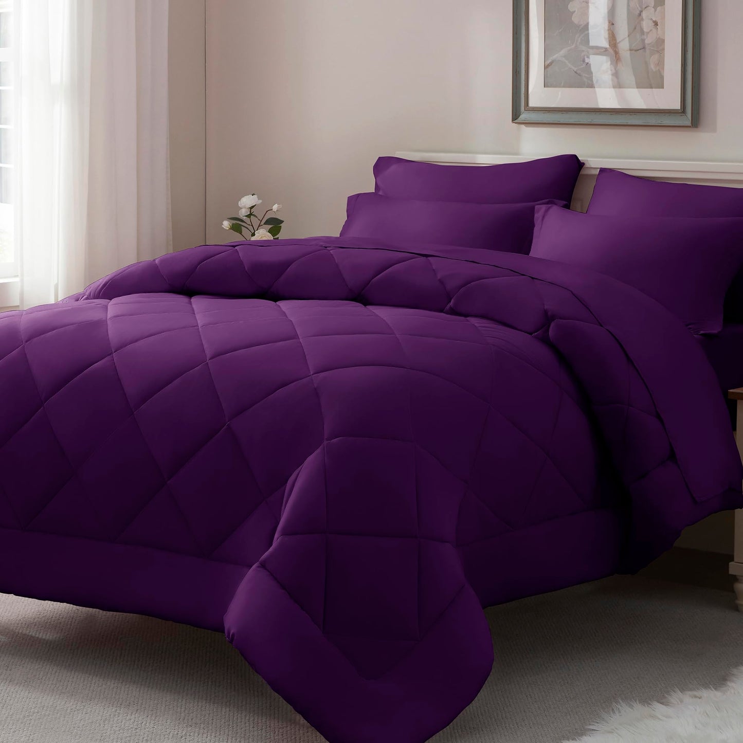ELNIDO QUEEN® Purple Comforter Set Queen - 7 Pieces Bed in a Bag Queen Size, Bed Set for All Seasons, Ultra Soft Bedding Sets with Comforter, Flat Sheet, Fitted Sheet, Pillowcases and Pillow Shams