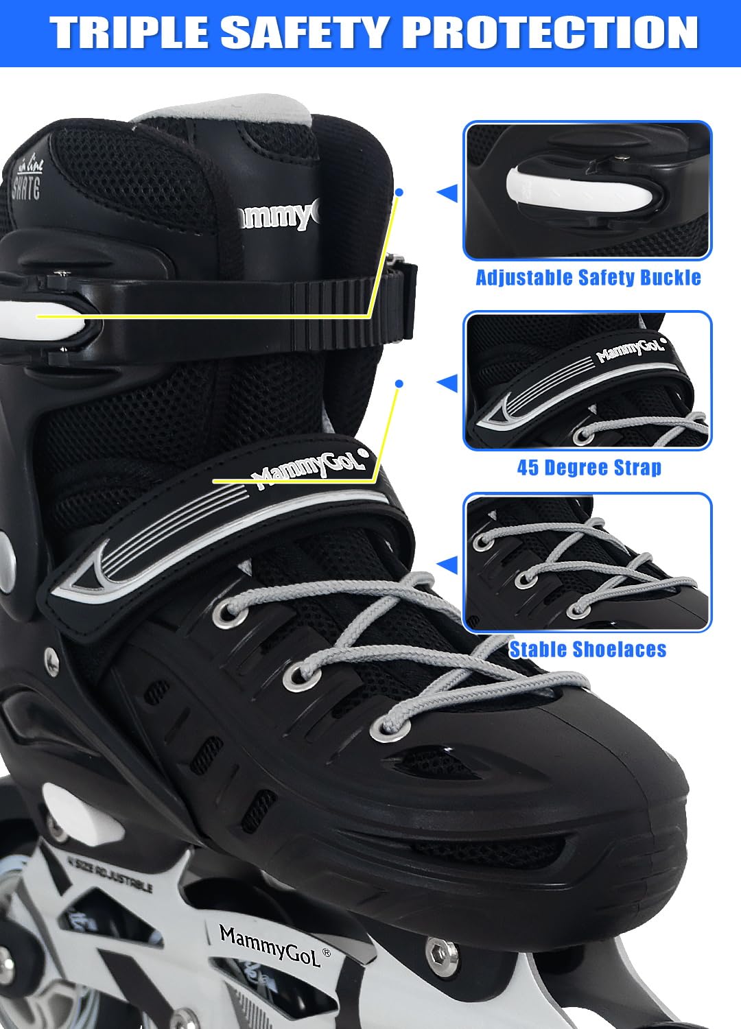 Inline Skates for Adults Men Women, Adjustable Aggressive Durable Roller Blades with Giant Wheels, High Performance Skates for Male Female Black Size 6 7 8 9