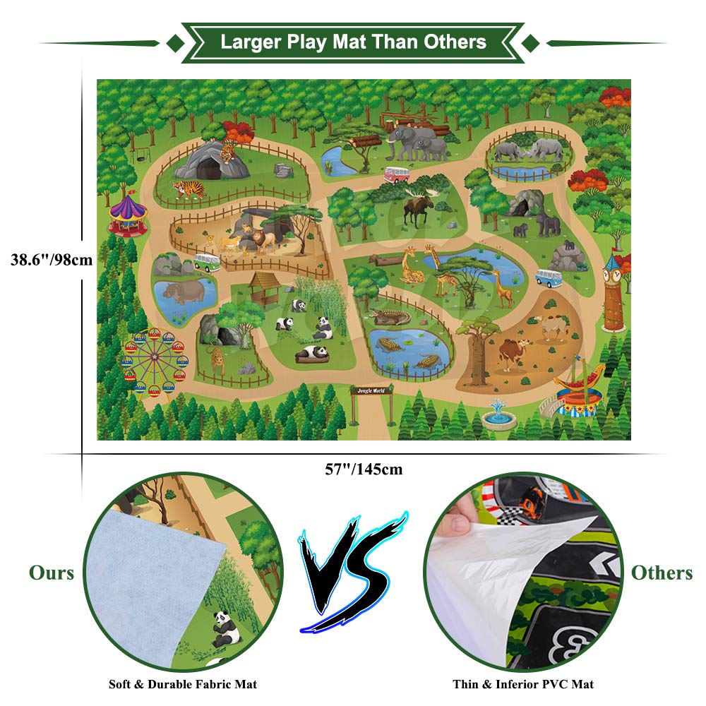 Mini Tudou 12 Pieces Safari Animal Figures with Large Play Mat 57" x 38.6" Realistic Wild Zoo Animals Game with Elephant, Giraffe, Lion for Boys and Girls