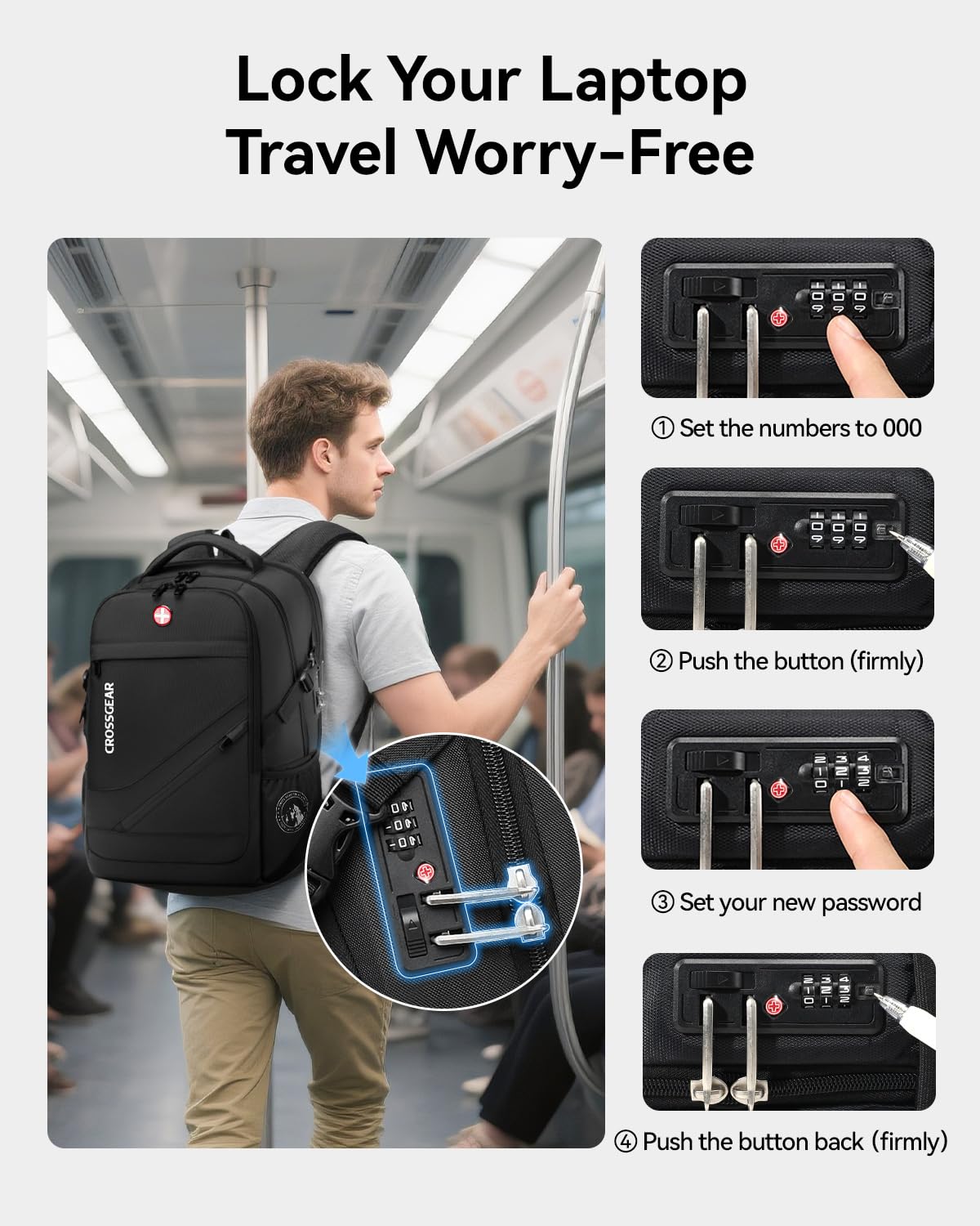 CROSSGEAR 17.3 inch Laptop Backpack for Men Women with Anti-Theft Lock, 30L Backpack for Travel with USB Charging Port, Water-Resistant Business Computer Backpack for Men Work College,Black