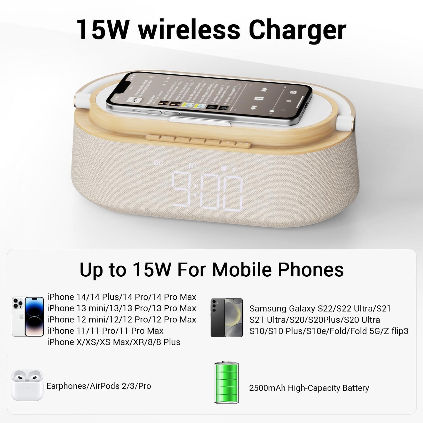 FREEFISH Bluetooth Speaker with Wireless Charger, FM Radio, Adjustable LED Night Light, Dual Wireless Speakers, Suitable for Home Decoration, Bedroom, Office, Gift（Wooden）