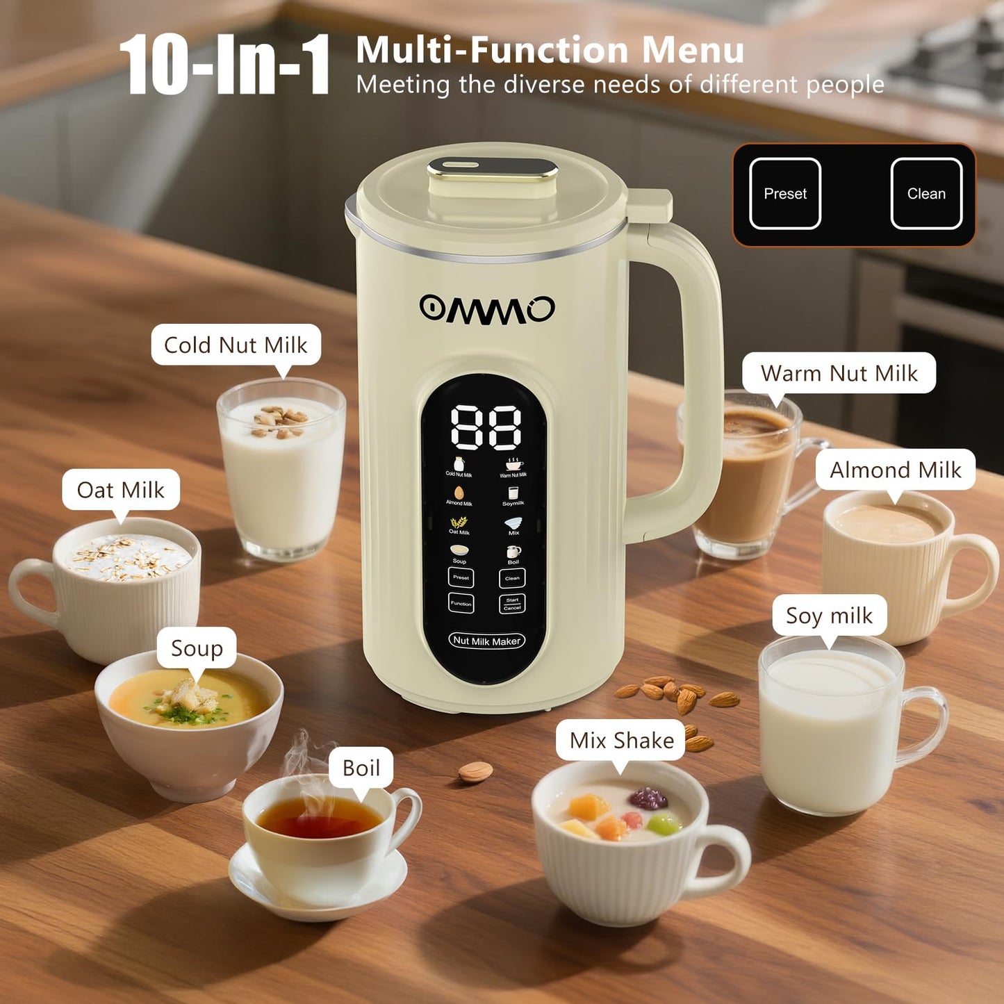 OMMO 10 in 1 Nut Milk Maker Machine Blender, 35oz Soy Milk Maker with Large Screen/10 Blades for Hot/Cold Almond Oat Soybean Milk Maker, 12 Hours Timer/Self-Cleaning, Includes Recipe Book-Accessories